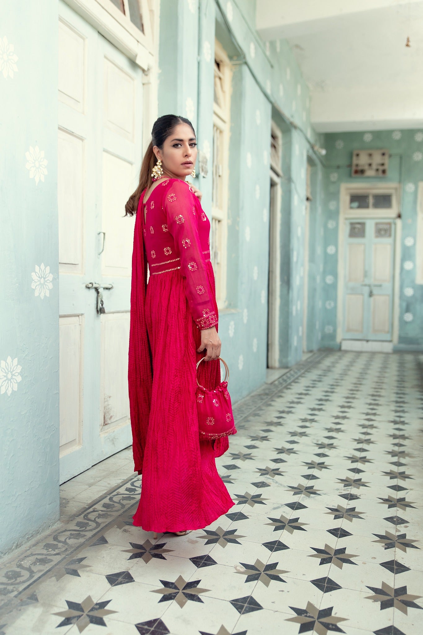 Hot Pink Sequin Chiffon Cotton Silk Draped Dress (2-Piece) - Image 5