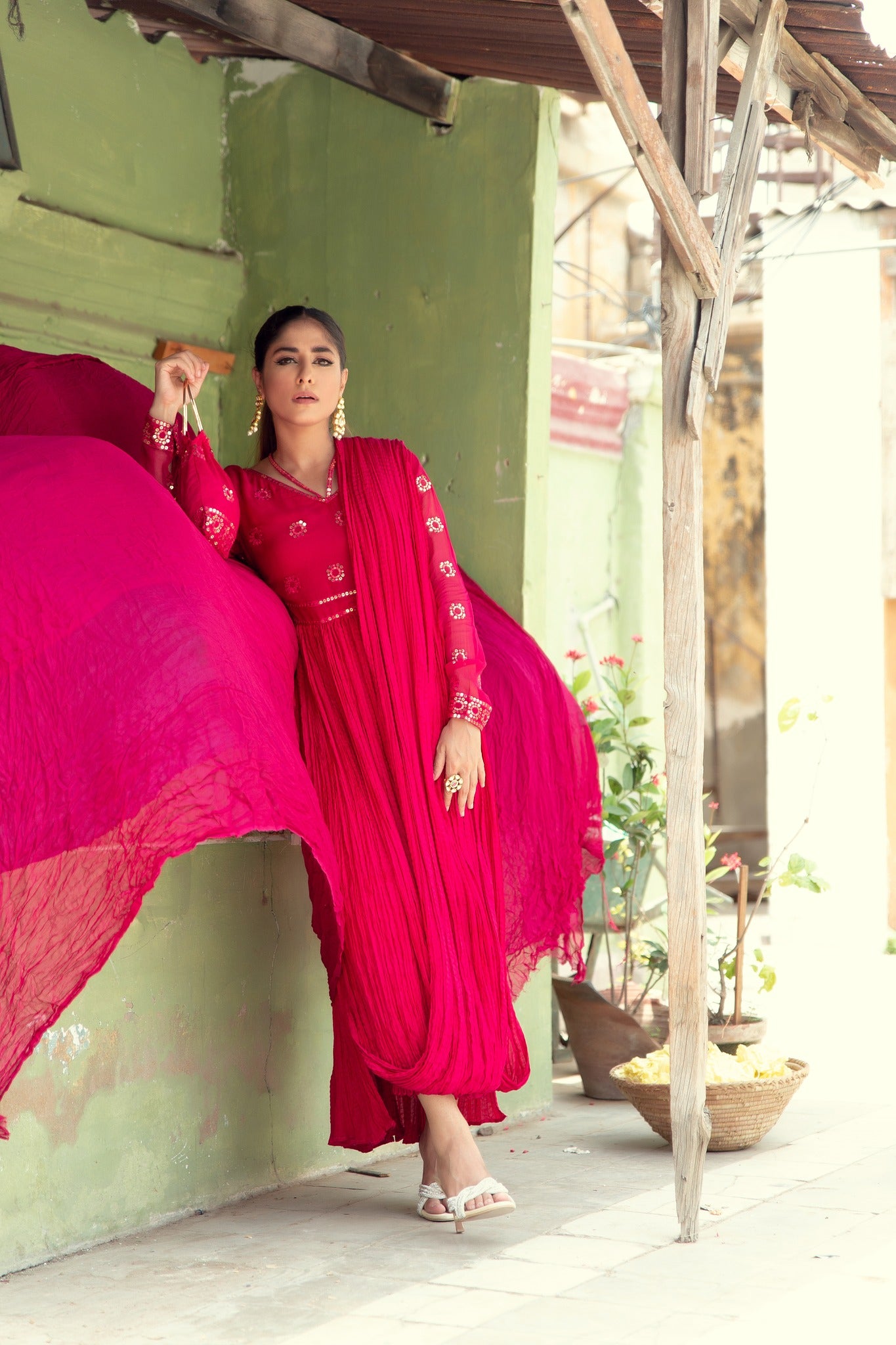 Hot Pink Sequin Chiffon Cotton Silk Draped Dress (2-Piece) - Image 6