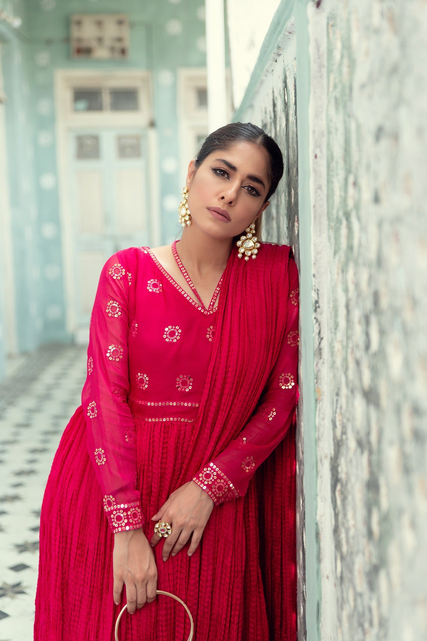 Hot Pink Sequin Chiffon Cotton Silk Draped Dress (2-Piece) - Image 7