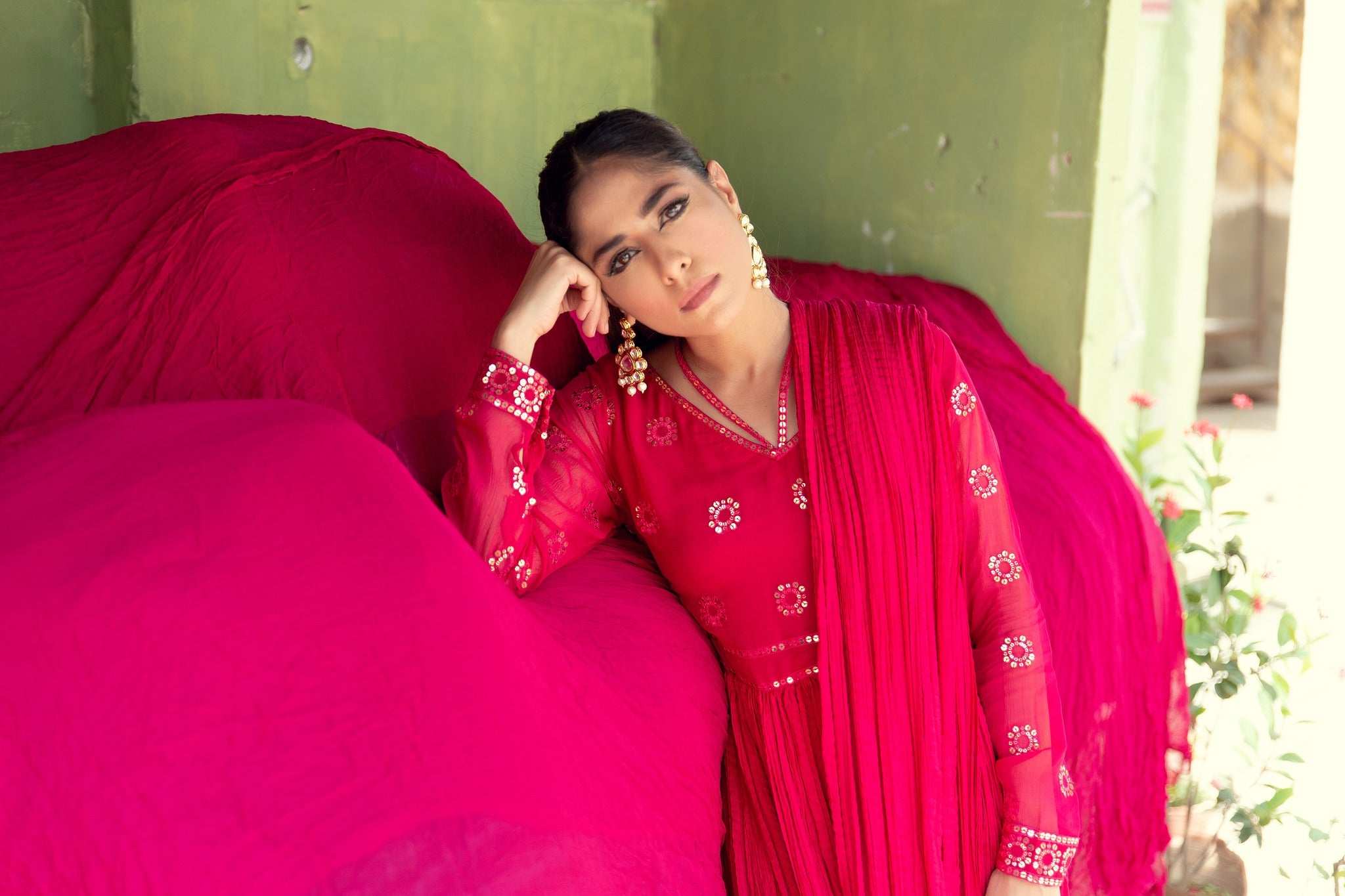 Hot Pink Sequin Chiffon Cotton Silk Draped Dress (2-Piece) - Image 8