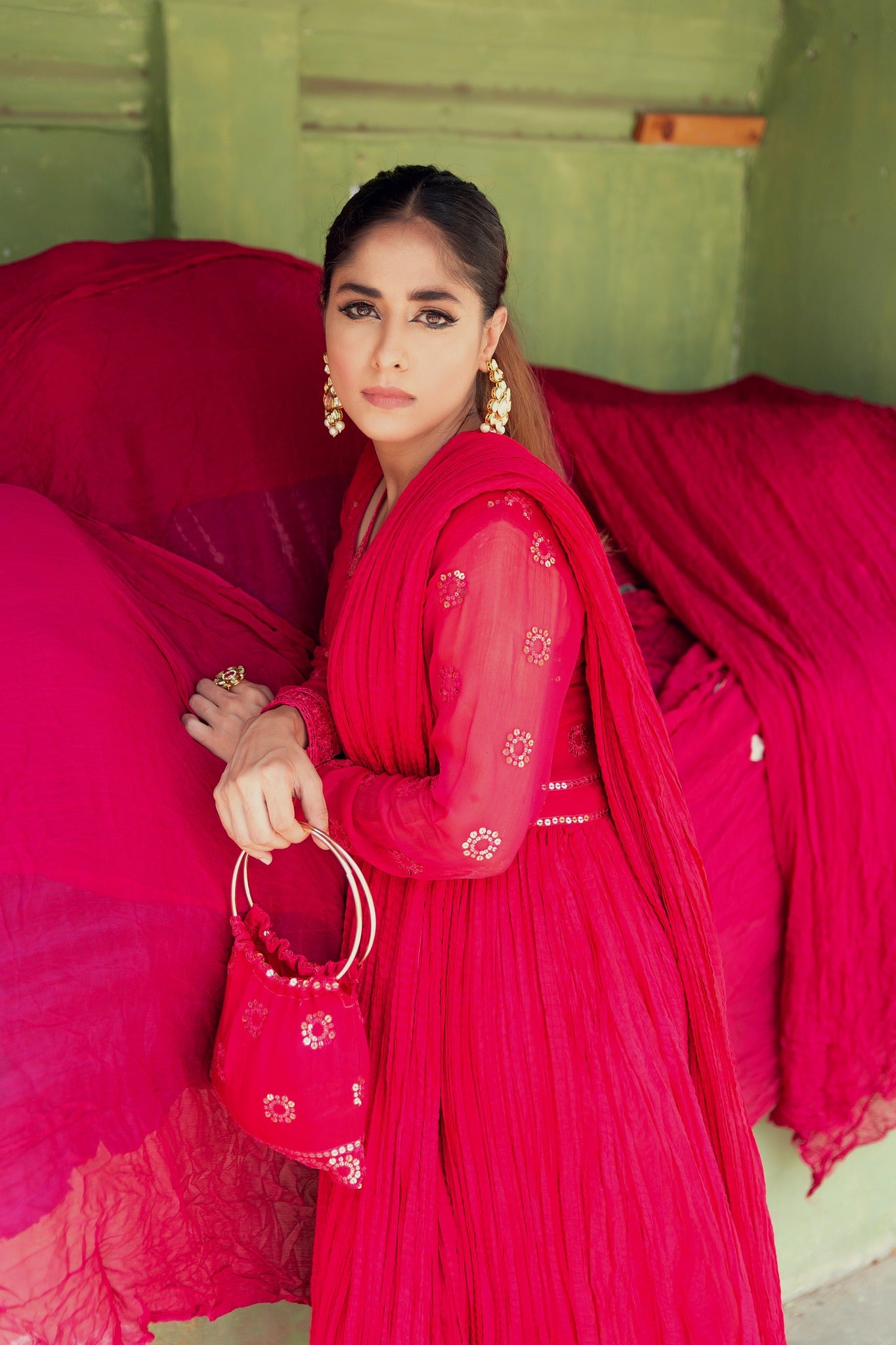 Hot Pink Sequin Chiffon Cotton Silk Draped Dress (2-Piece) - Image 9