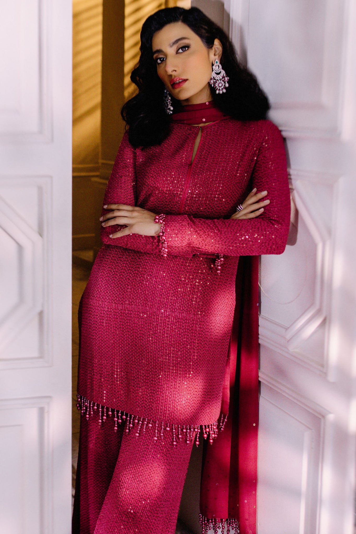 Pakistani Rouge Pink Sequin Chiffon Salwar Kameez (3-Piece) - Image 3