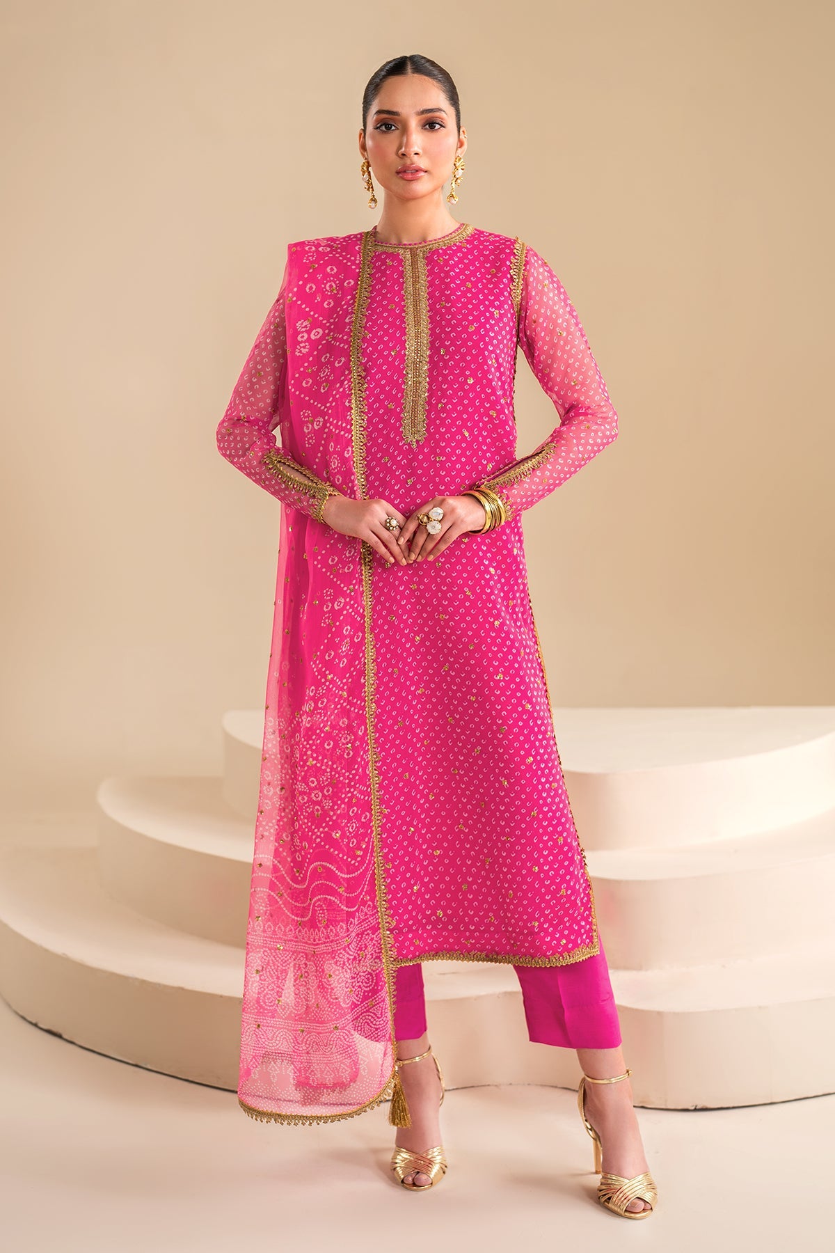 Fuchsia Pink Embroidered Chiffon Straight Suit (3-Piece) - Image 1