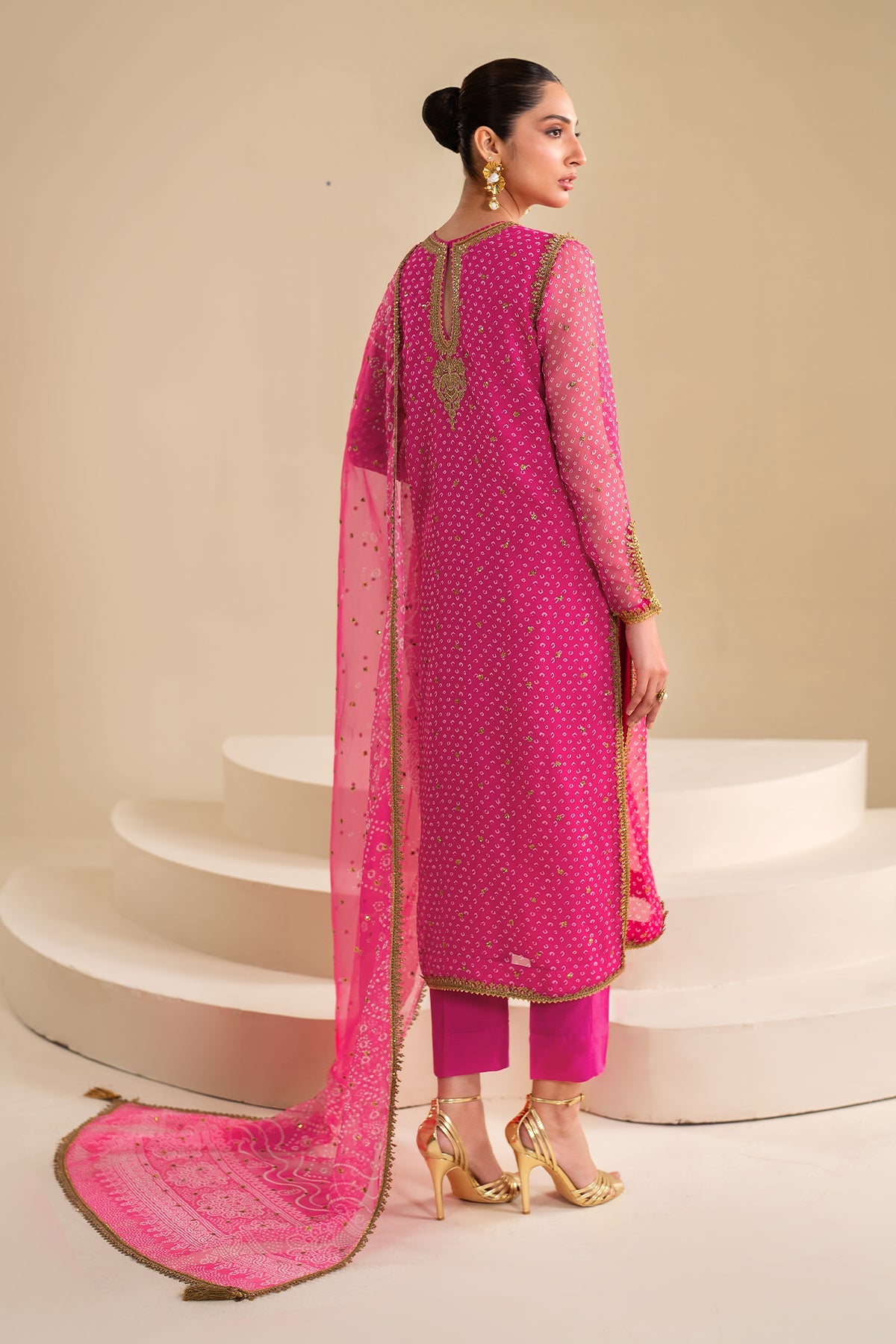 Fuchsia Pink Embroidered Chiffon Straight Suit (3-Piece) - Image 2