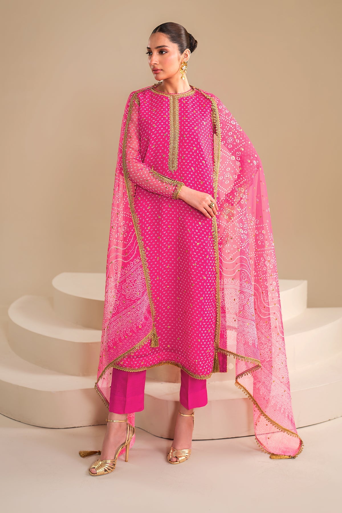 Fuchsia Pink Embroidered Chiffon Straight Suit (3-Piece) - Image 3