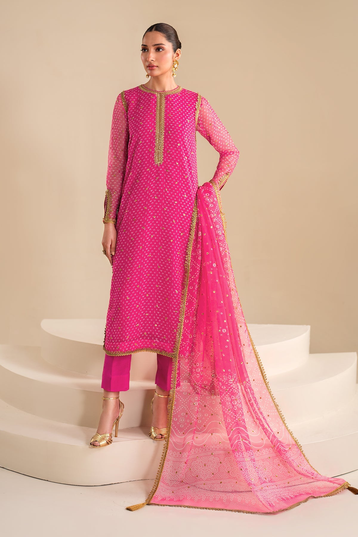 Fuchsia Pink Embroidered Chiffon Straight Suit (3-Piece) - Image 4