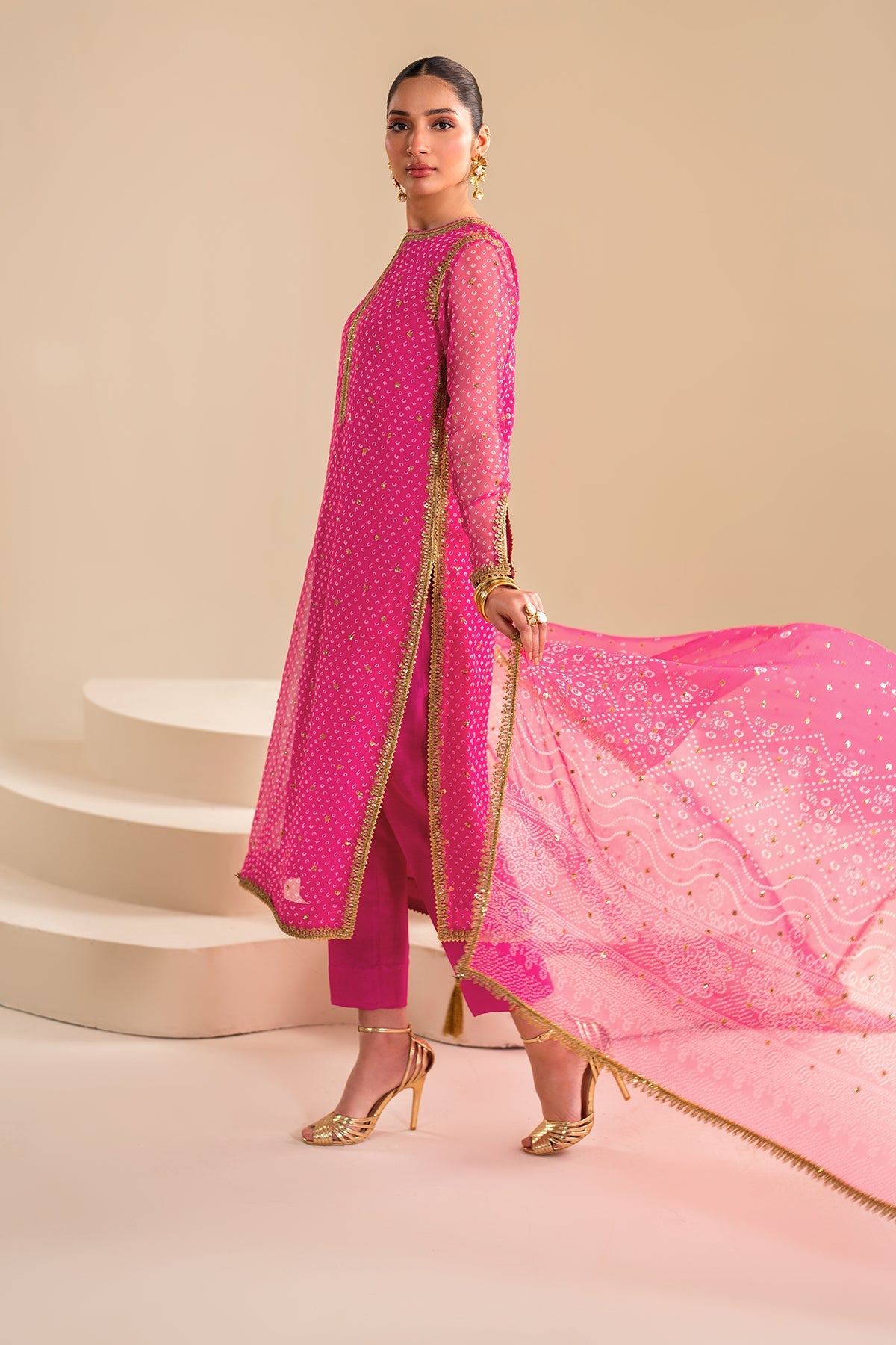 Fuchsia Pink Embroidered Chiffon Straight Suit (3-Piece) - Image 5