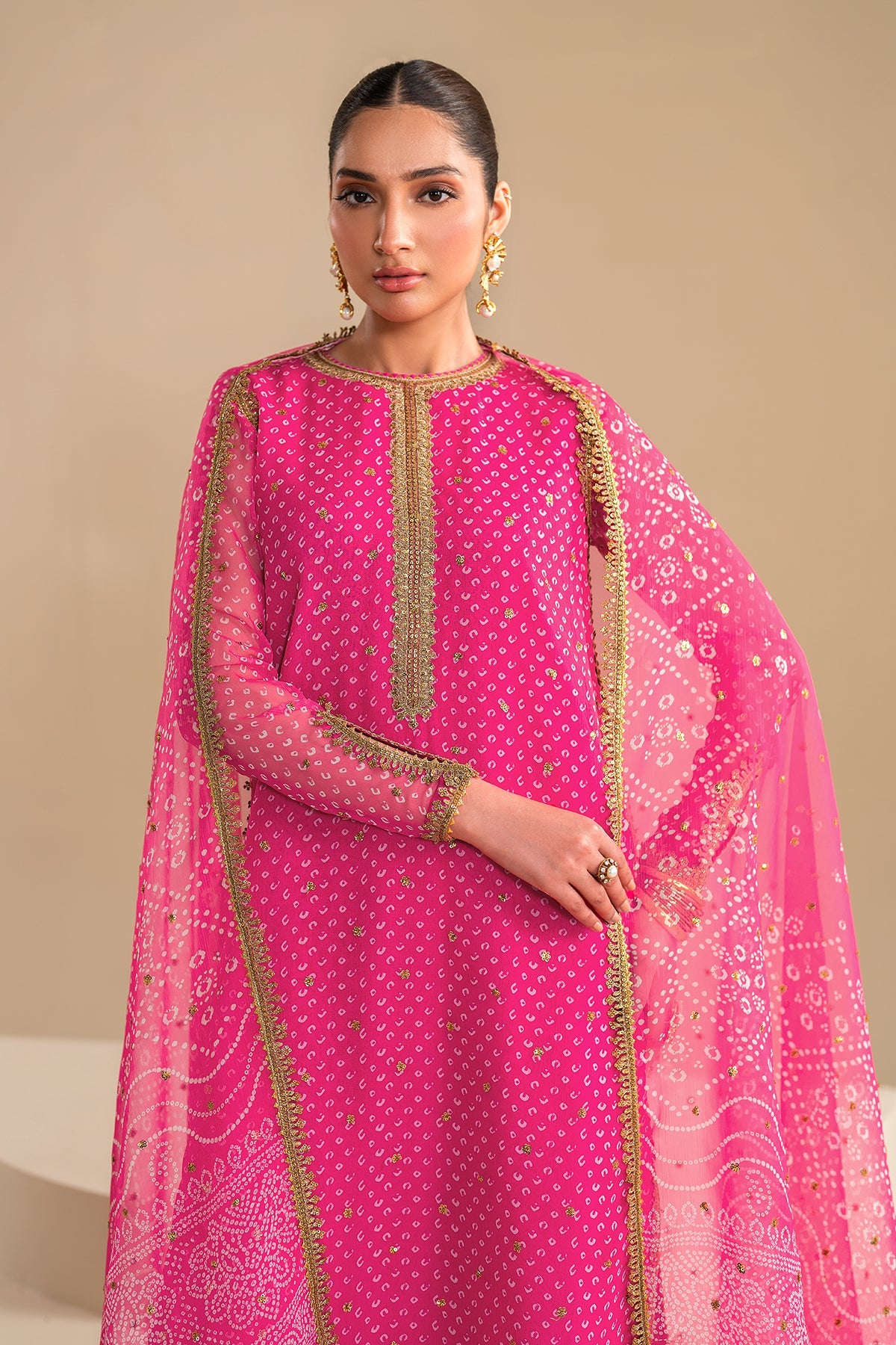 Fuchsia Pink Embroidered Chiffon Straight Suit (3-Piece) - Image 6