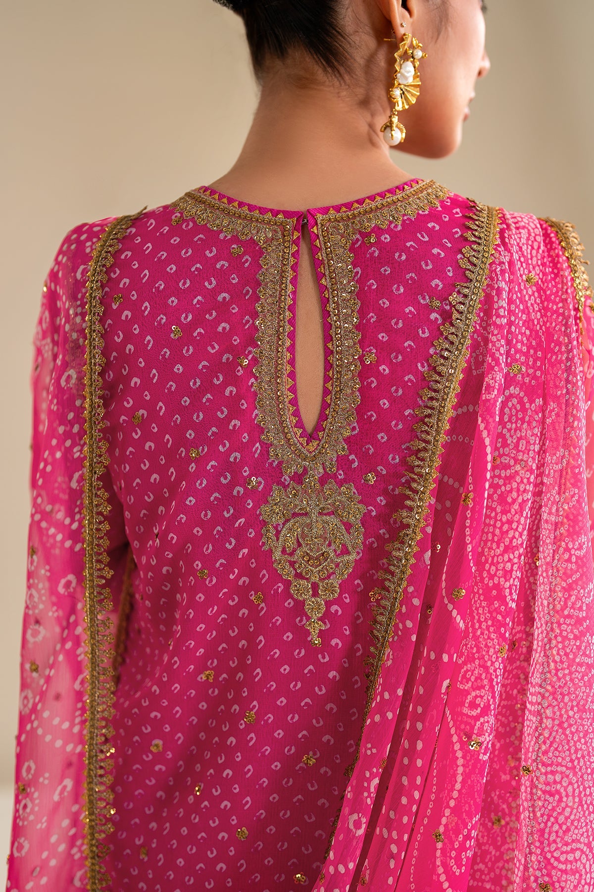 Fuchsia Pink Embroidered Chiffon Straight Suit (3-Piece) - Image 9