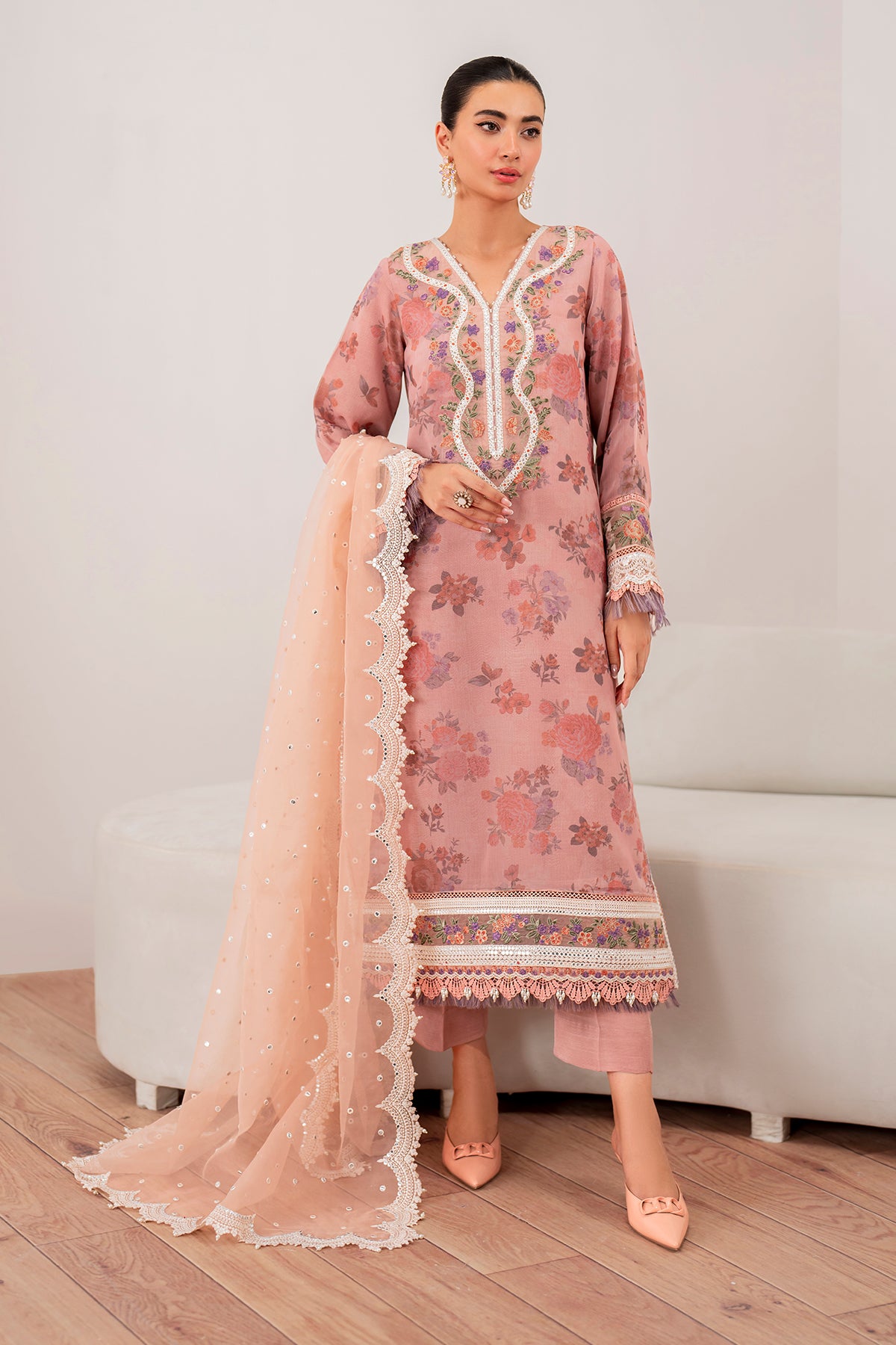 Dusty Rose Embroidered Chiffon Salwar Kameez (3-Piece) - Image 1