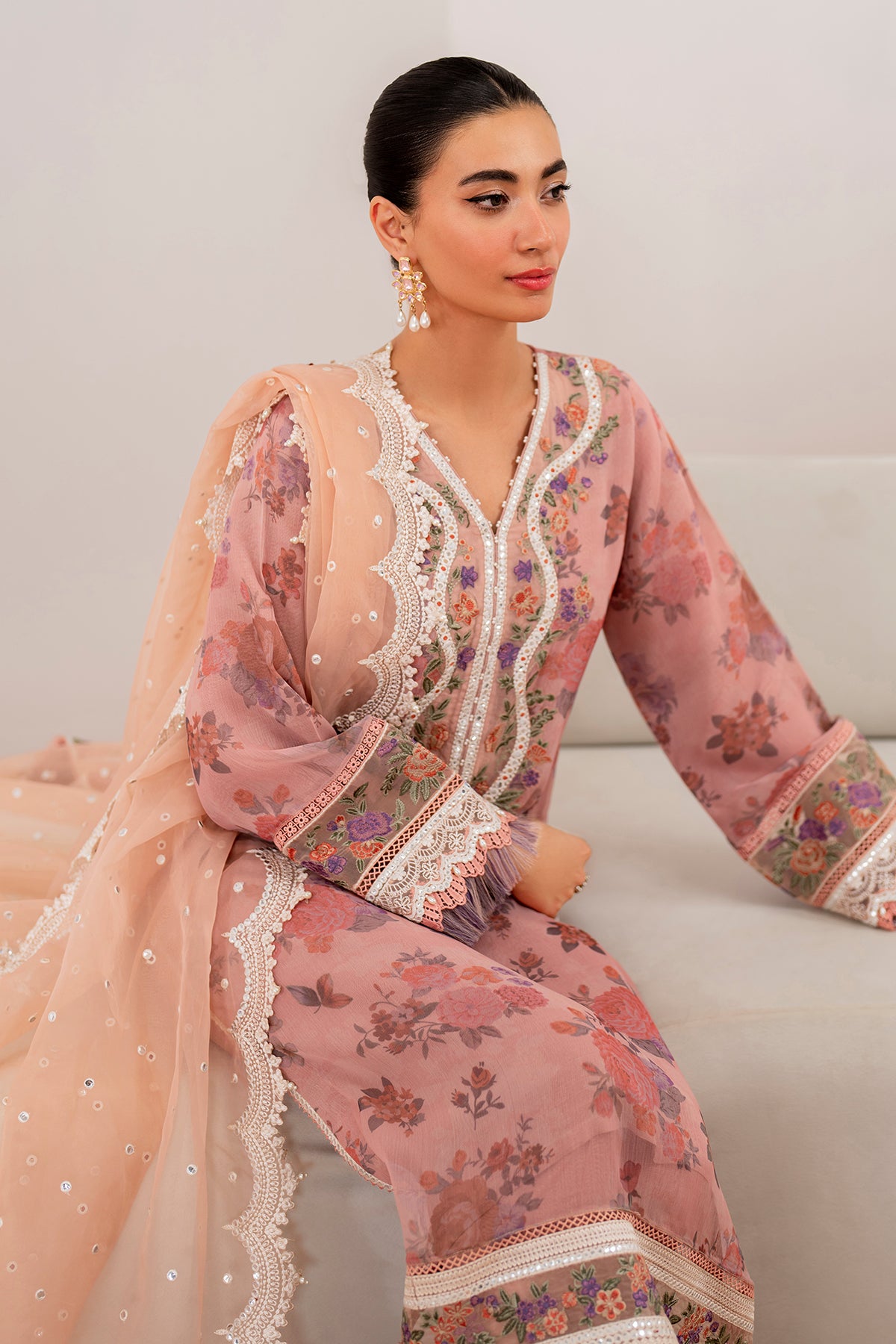 Dusty Rose Embroidered Chiffon Salwar Kameez (3-Piece) - Image 4
