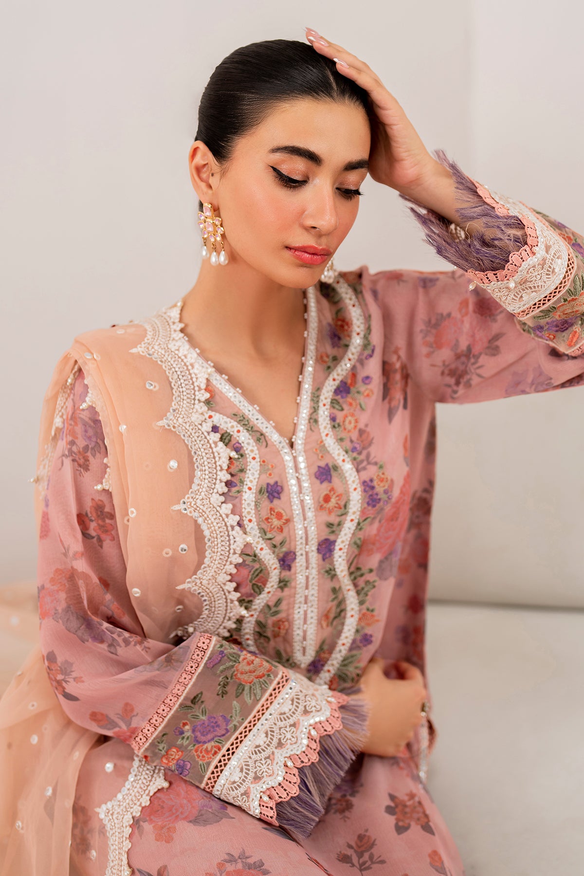 Dusty Rose Embroidered Chiffon Salwar Kameez (3-Piece) - Image 5