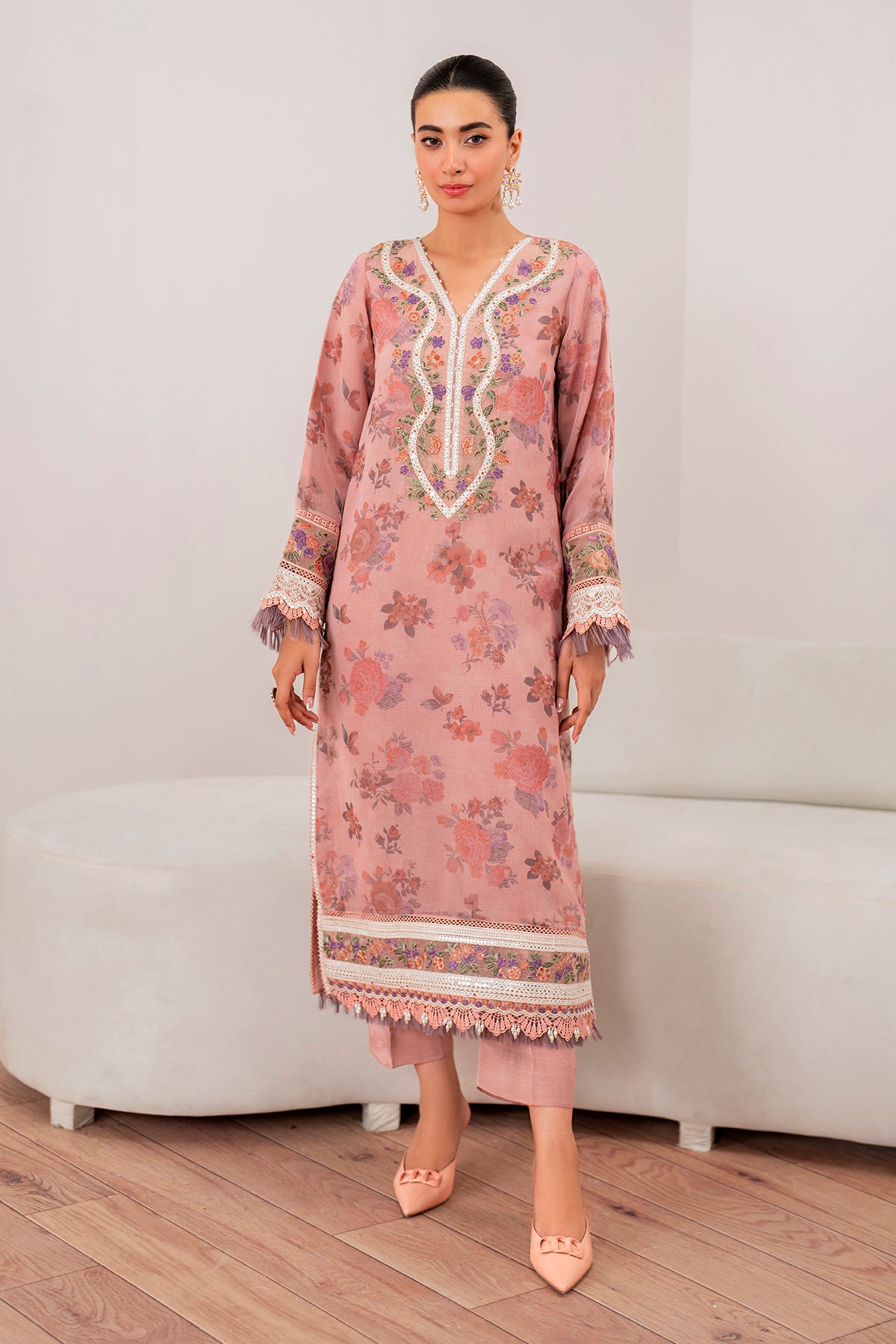 Dusty Rose Embroidered Chiffon Salwar Kameez (3-Piece) - Image 7