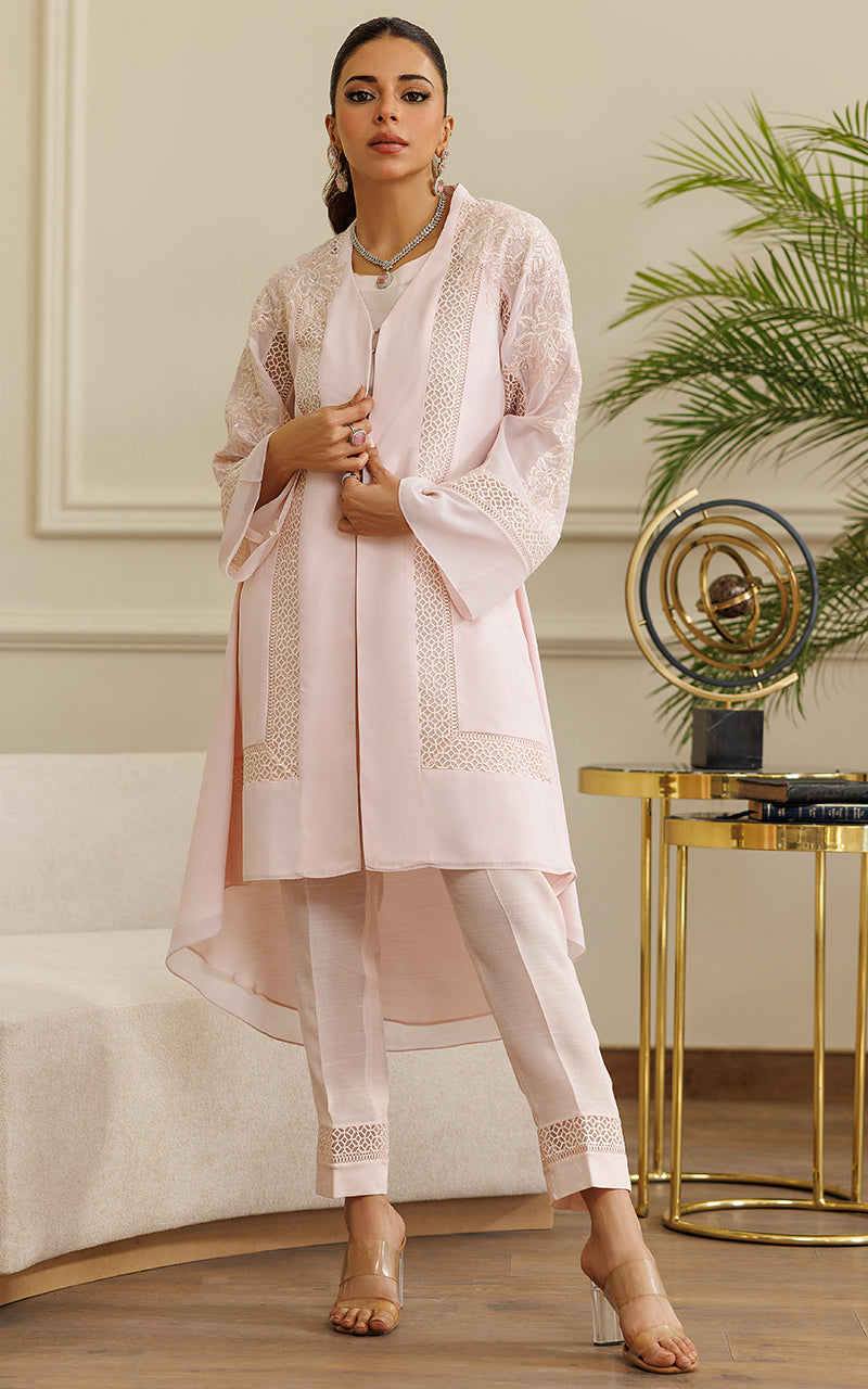 Pakistani Soft Pink Embroidered Chiffon Jacket with Trousers (2-Piece) - Image 1