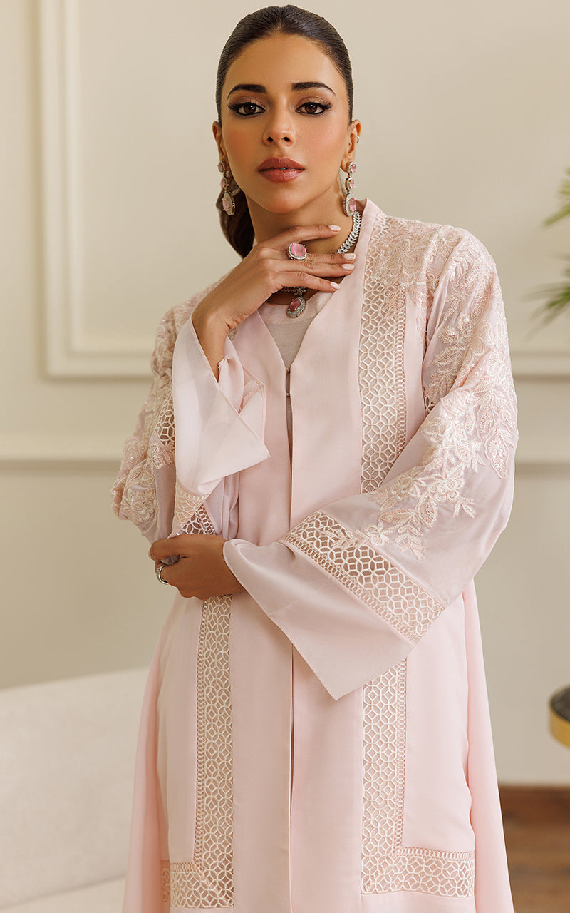Pakistani Soft Pink Embroidered Chiffon Jacket with Trousers (2-Piece) - Image 2