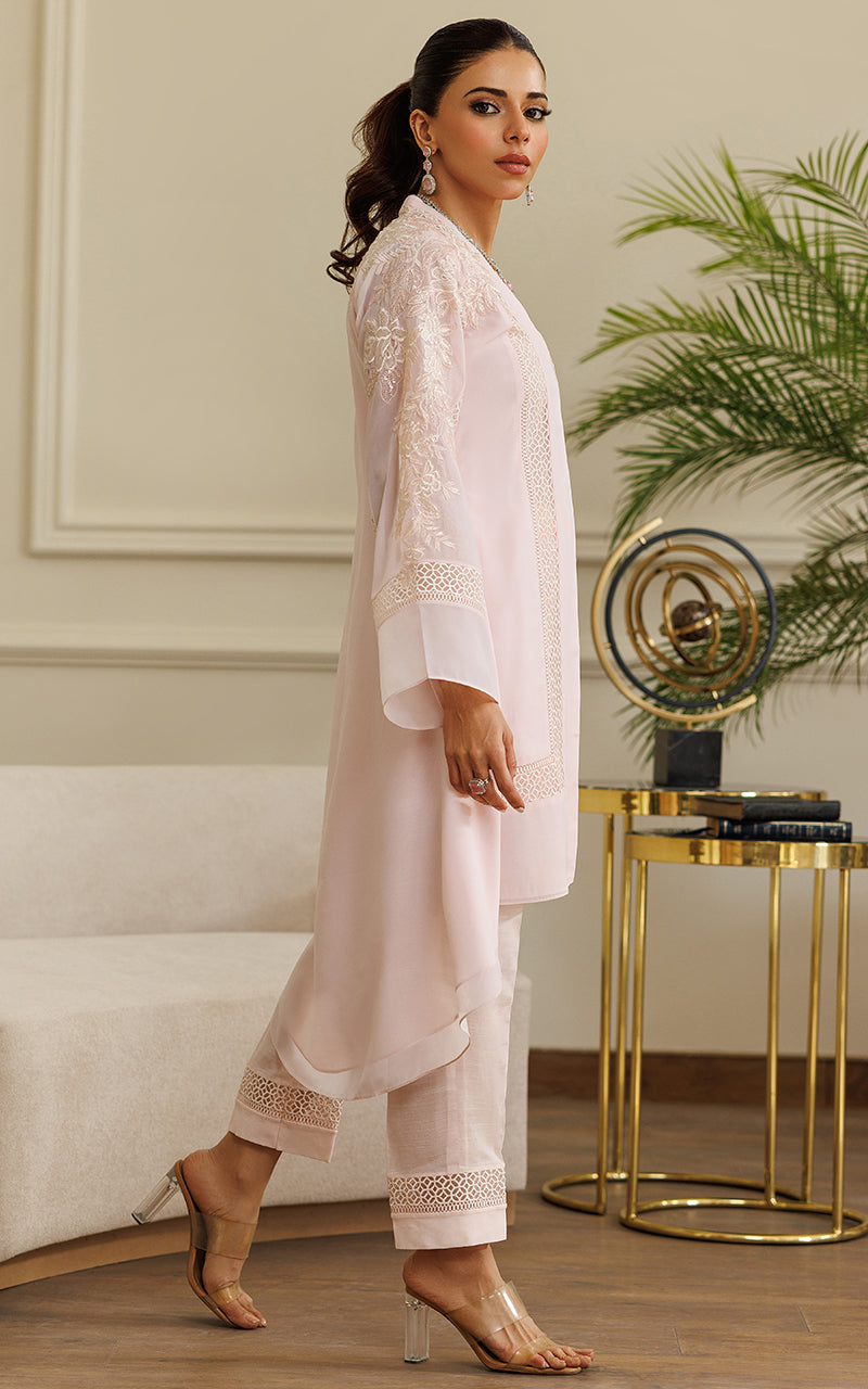 Pakistani Soft Pink Embroidered Chiffon Jacket with Trousers (2-Piece) - Image 3
