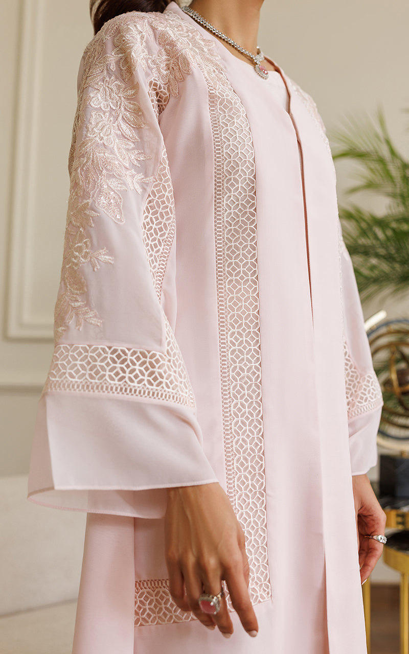 Pakistani Soft Pink Embroidered Chiffon Jacket with Trousers (2-Piece) - Image 4