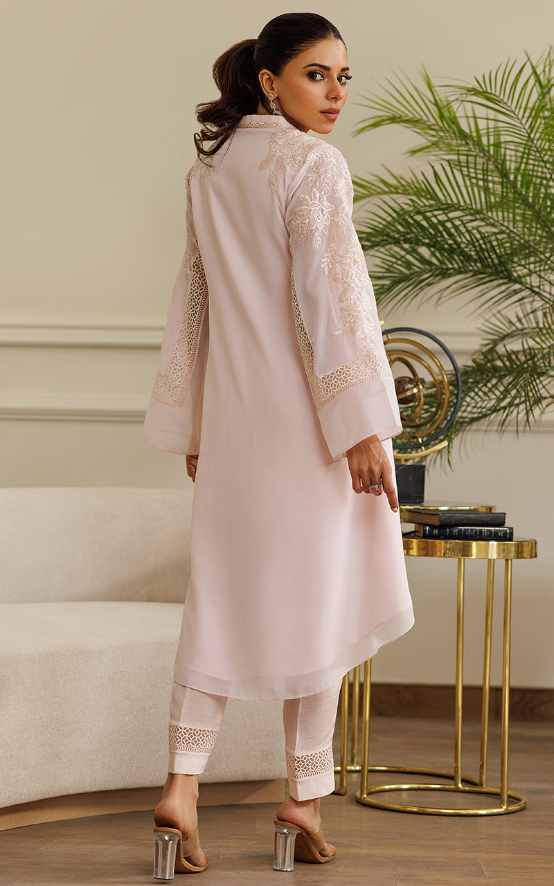 Pakistani Soft Pink Embroidered Chiffon Jacket with Trousers (2-Piece) - Image 5
