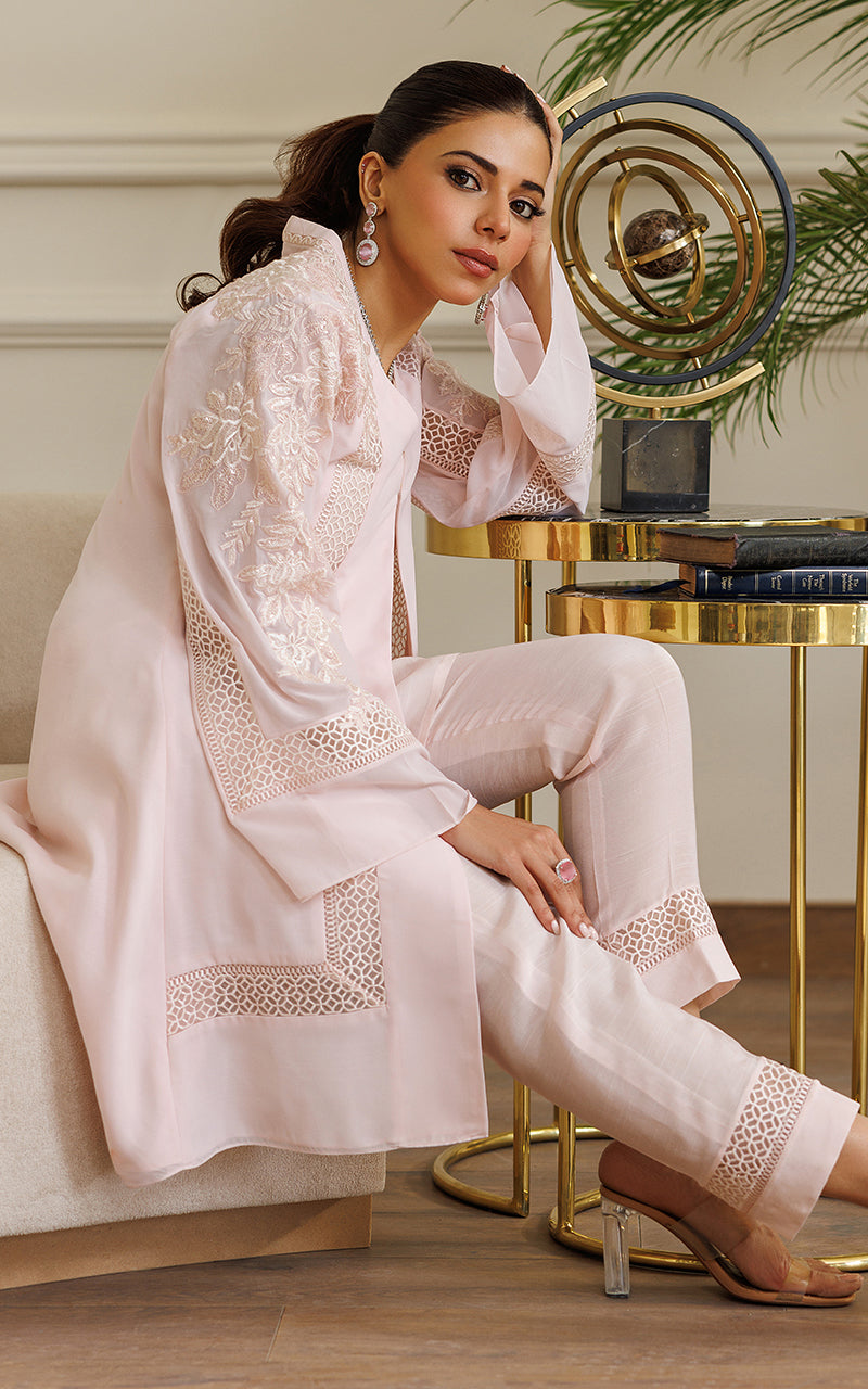 Pakistani Soft Pink Embroidered Chiffon Jacket with Trousers (2-Piece) - Image 6
