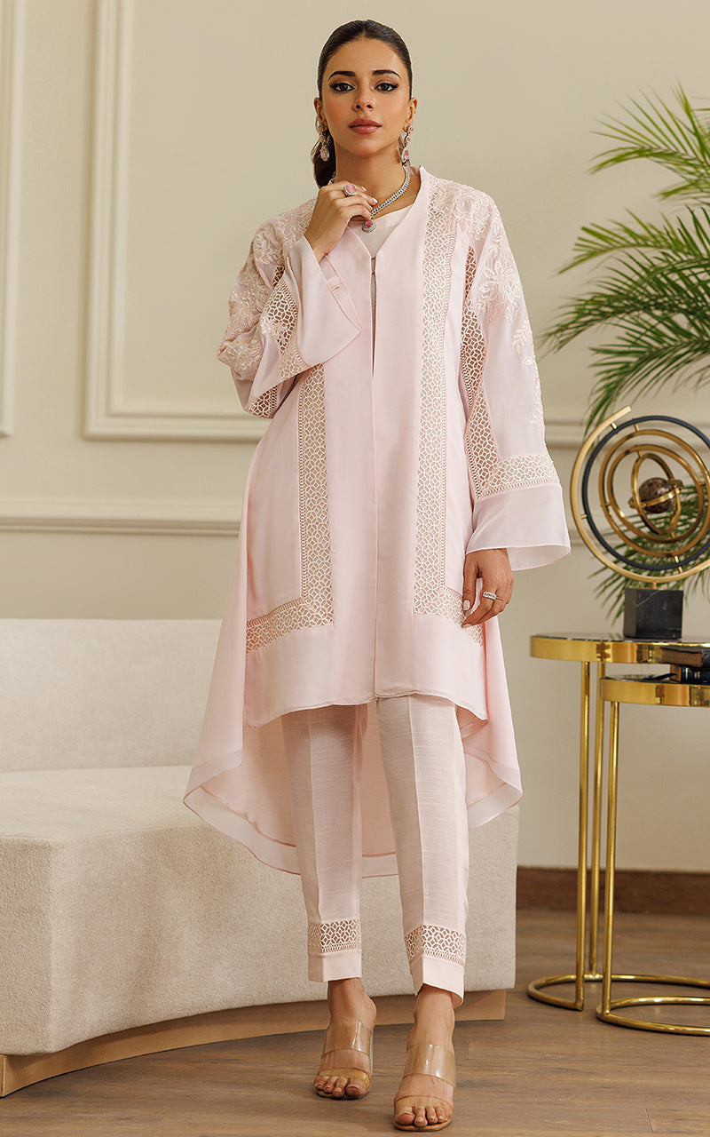 Pakistani Soft Pink Embroidered Chiffon Jacket with Trousers (2-Piece) - Image 7