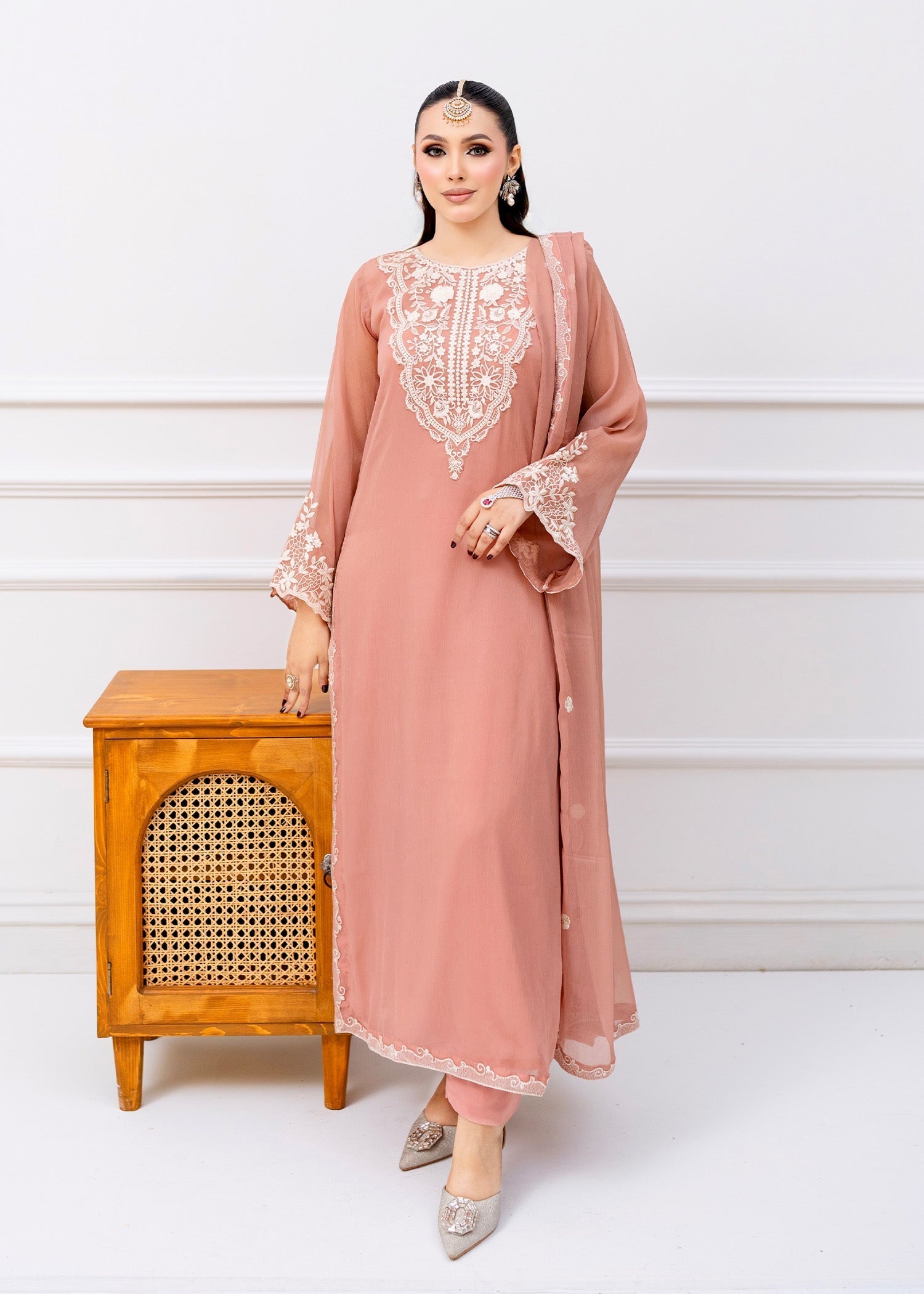 Pakistani Peach Pink Embroidered Chiffon Kurta Set (3-Piece) - Image 1