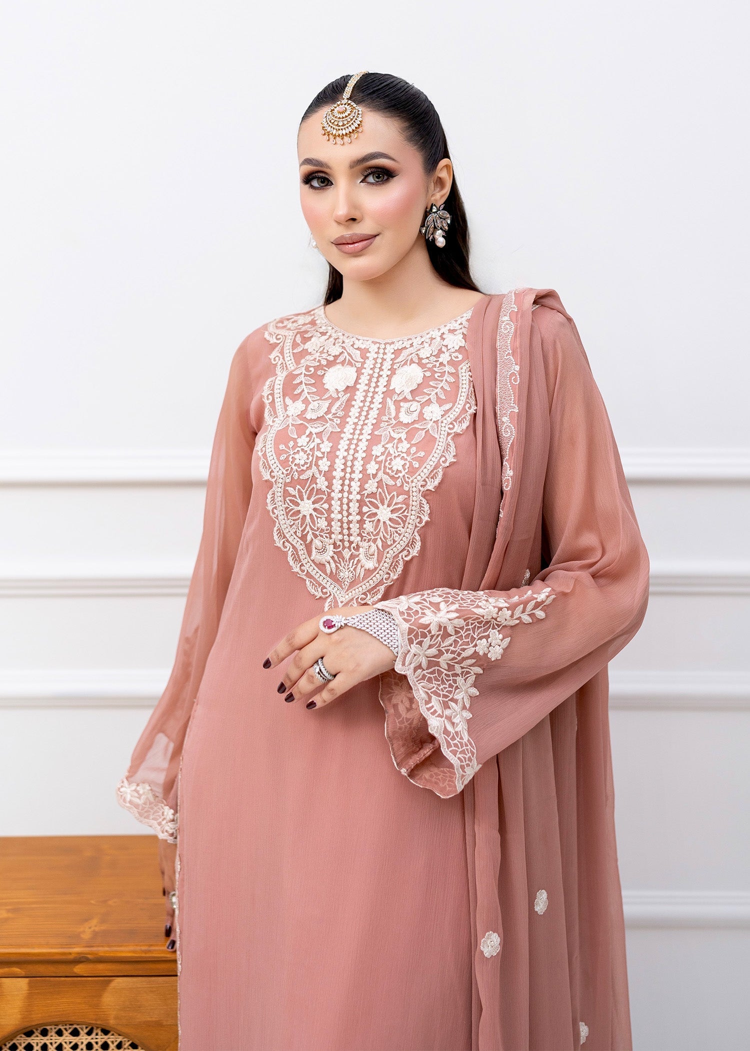 Pakistani Peach Pink Embroidered Chiffon Kurta Set (3-Piece) - Image 2