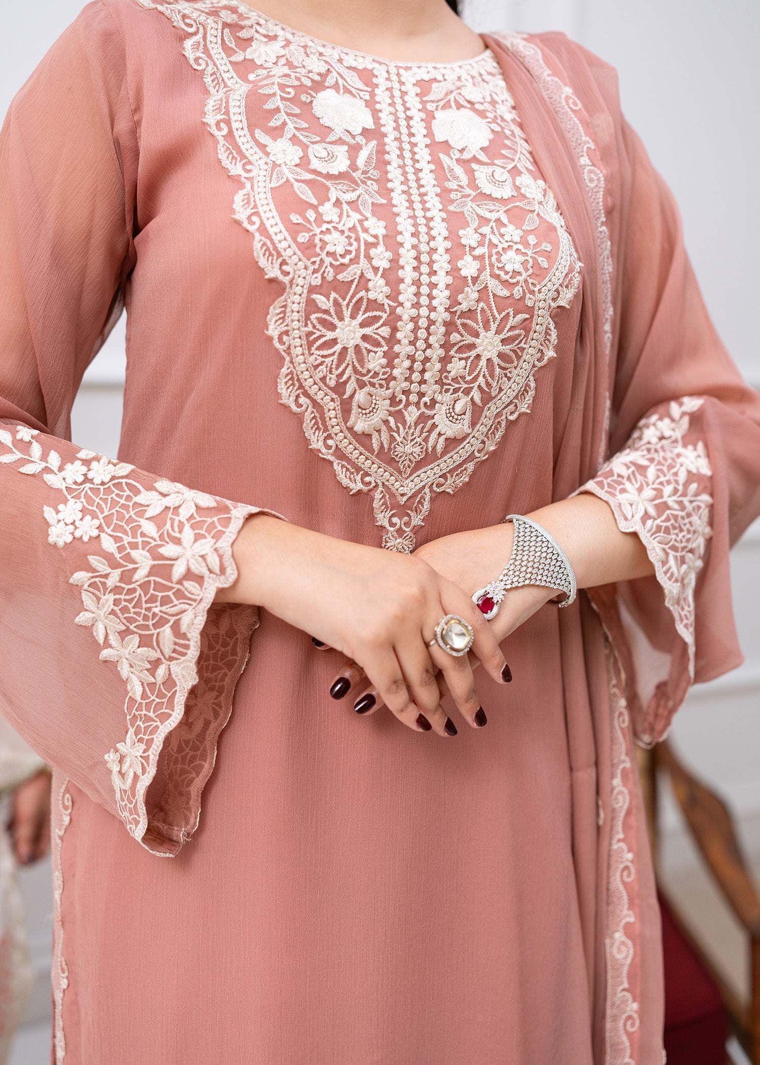 Pakistani Peach Pink Embroidered Chiffon Kurta Set (3-Piece) - Image 3