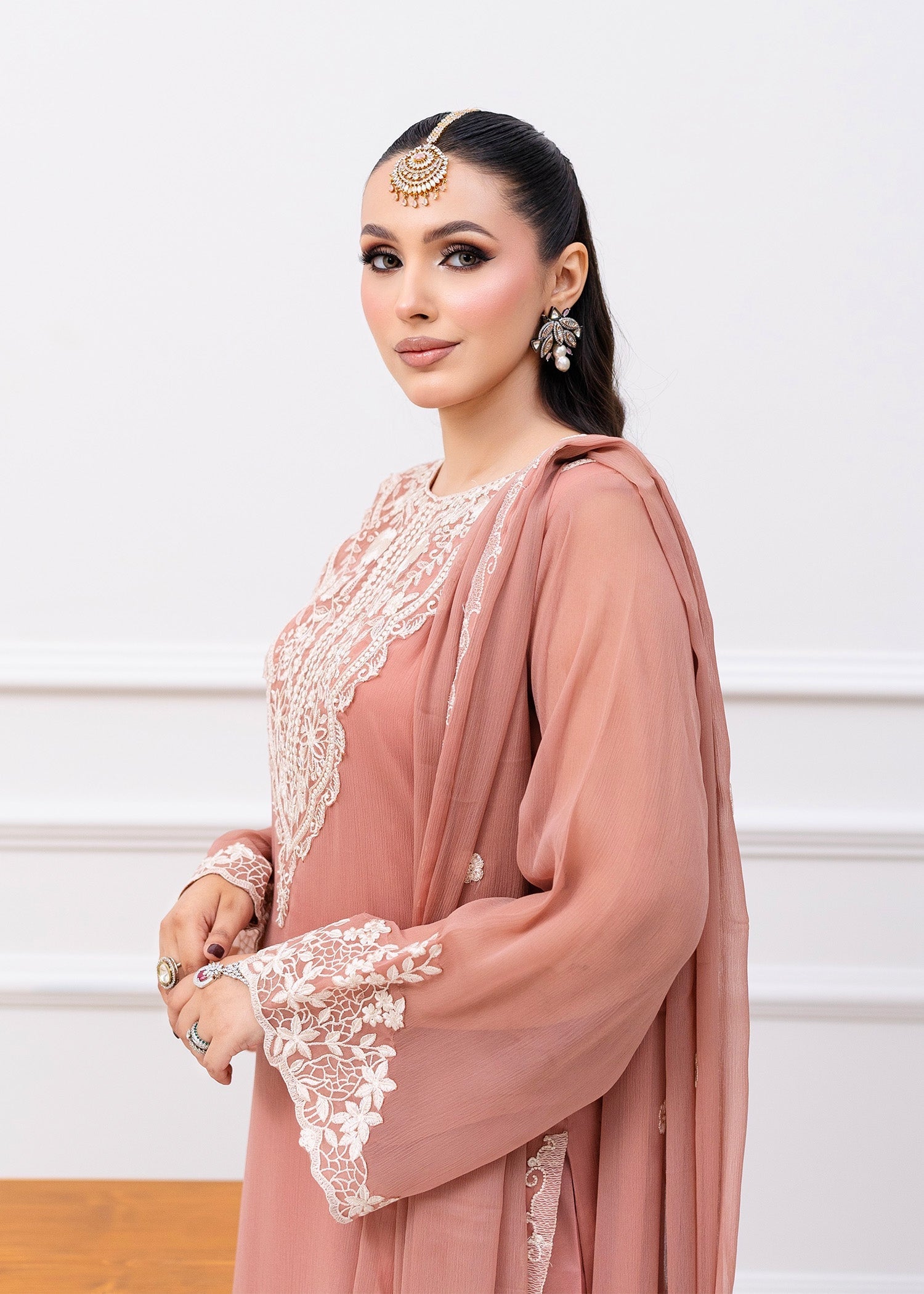 Pakistani Peach Pink Embroidered Chiffon Kurta Set (3-Piece) - Image 7