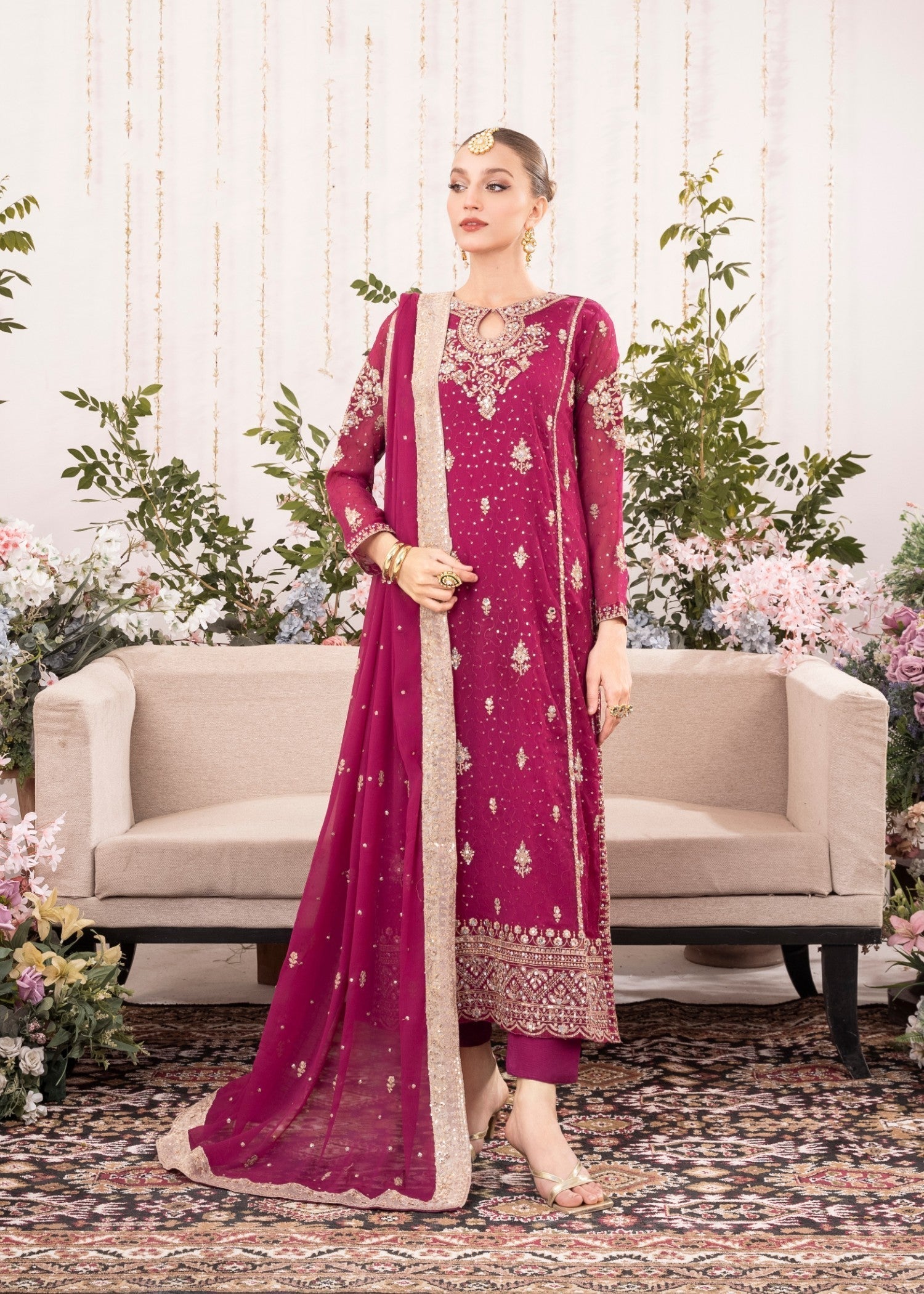 Pakistani Magenta Embroidered Chiffon Kurta Set (3-Piece) - Image 1