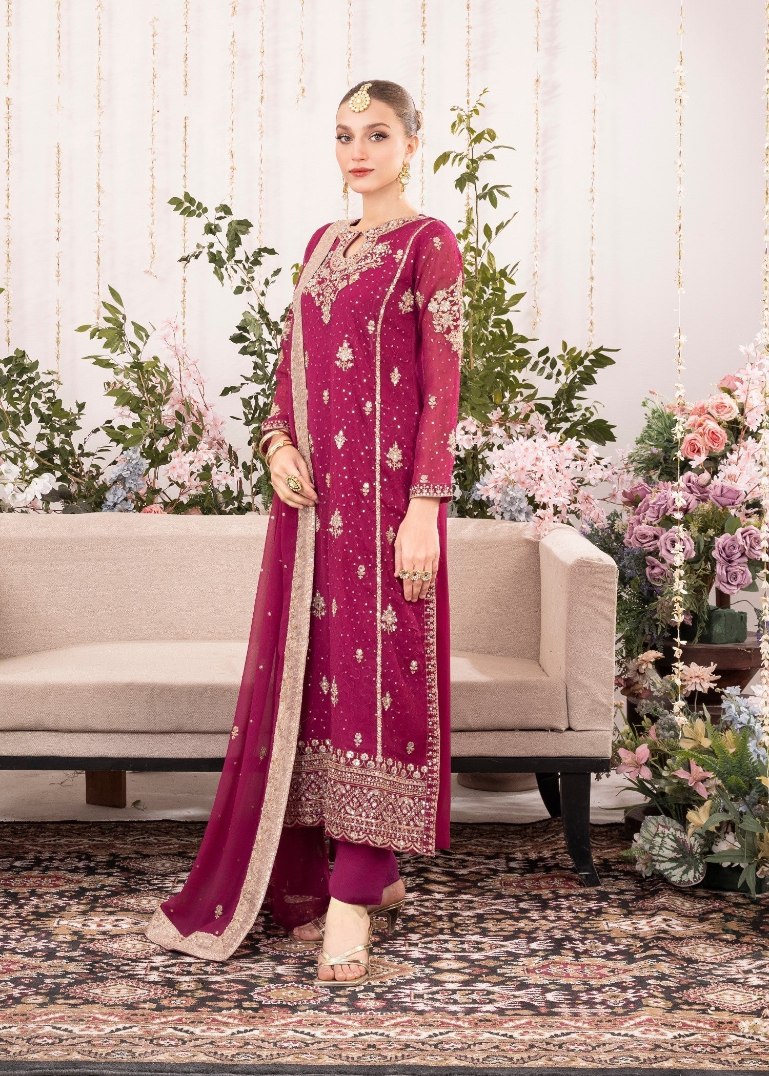 Pakistani Magenta Embroidered Chiffon Kurta Set (3-Piece) - Image 2