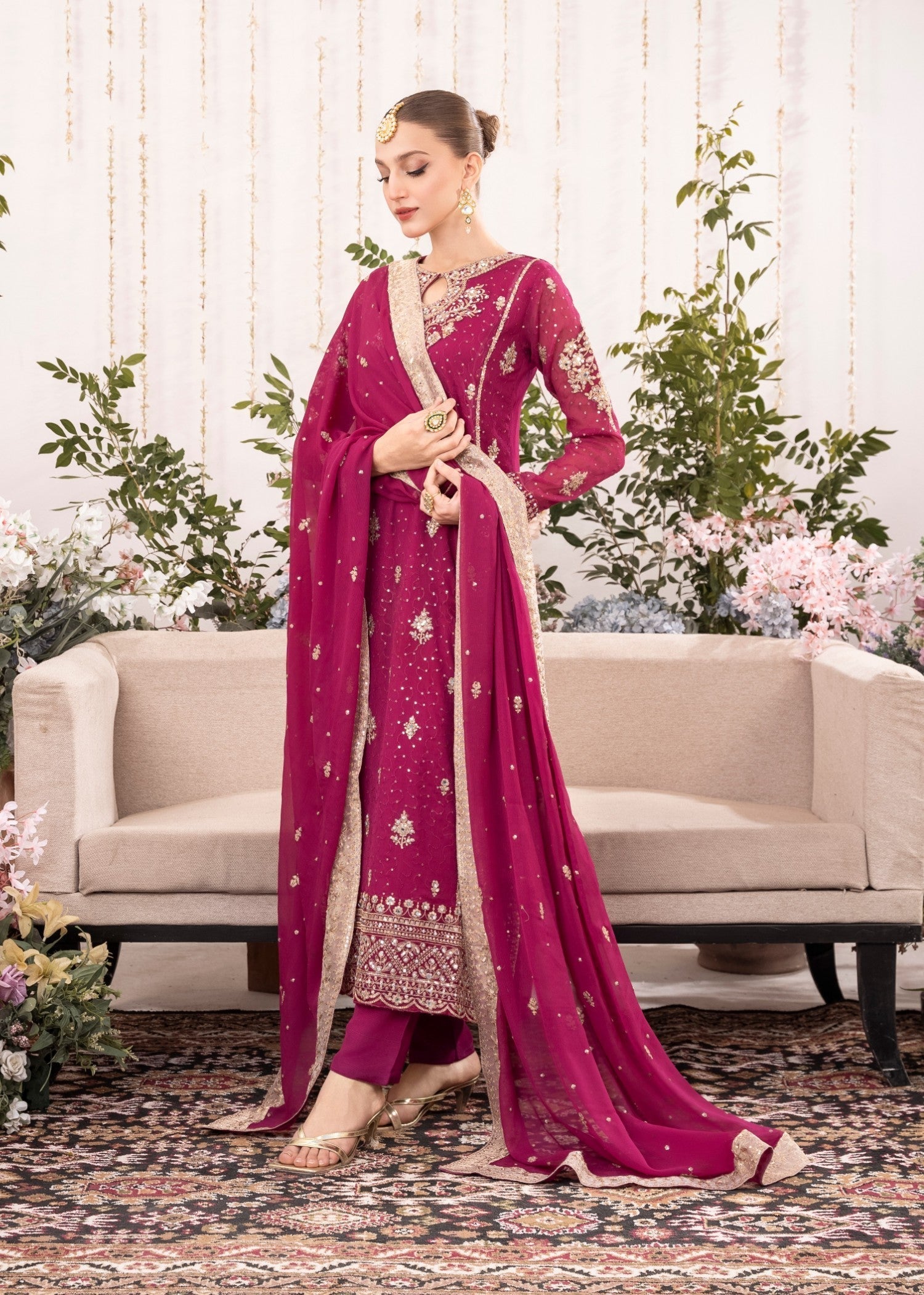 Pakistani Magenta Embroidered Chiffon Kurta Set (3-Piece) - Image 3