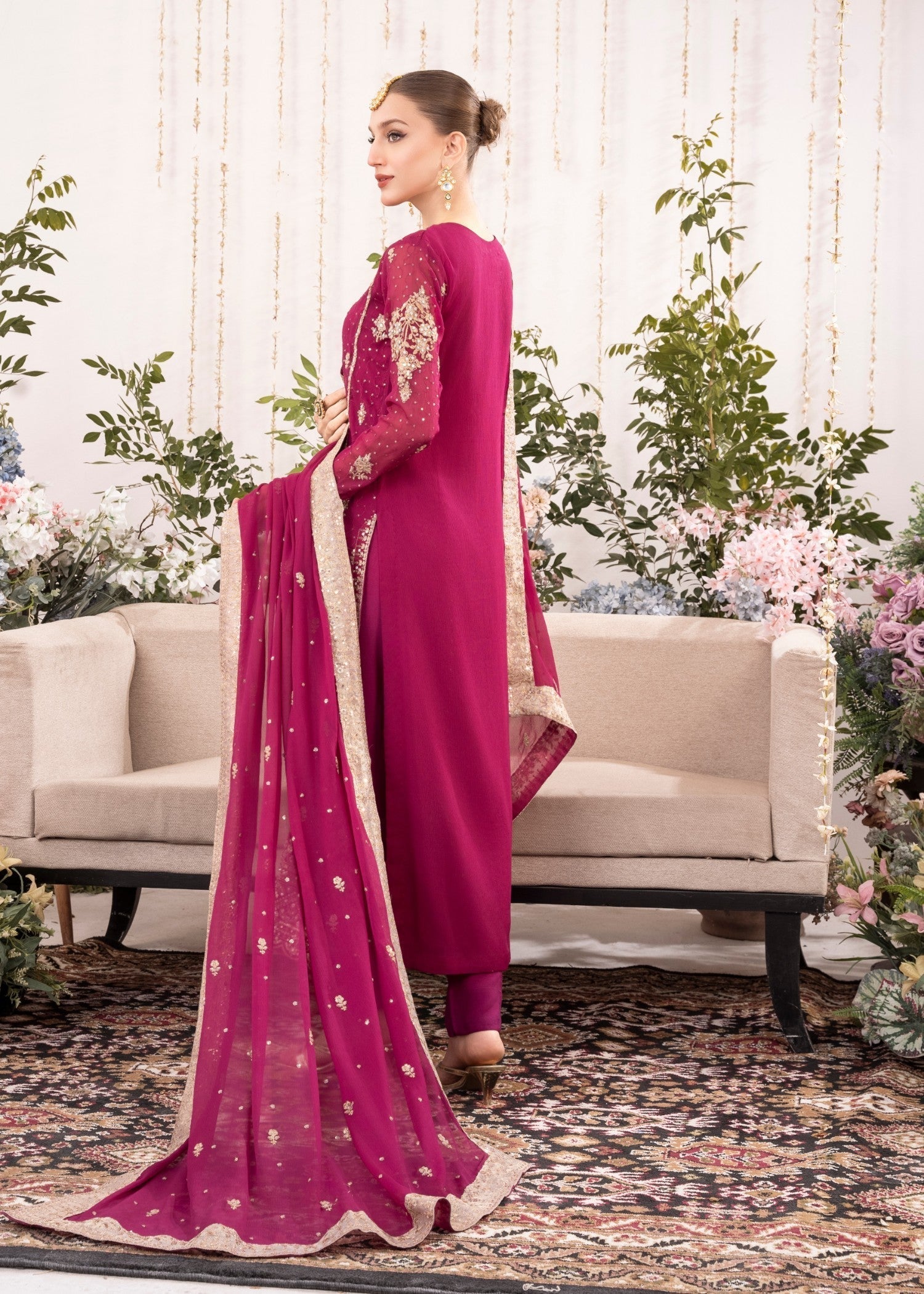 Pakistani Magenta Embroidered Chiffon Kurta Set (3-Piece) - Image 4