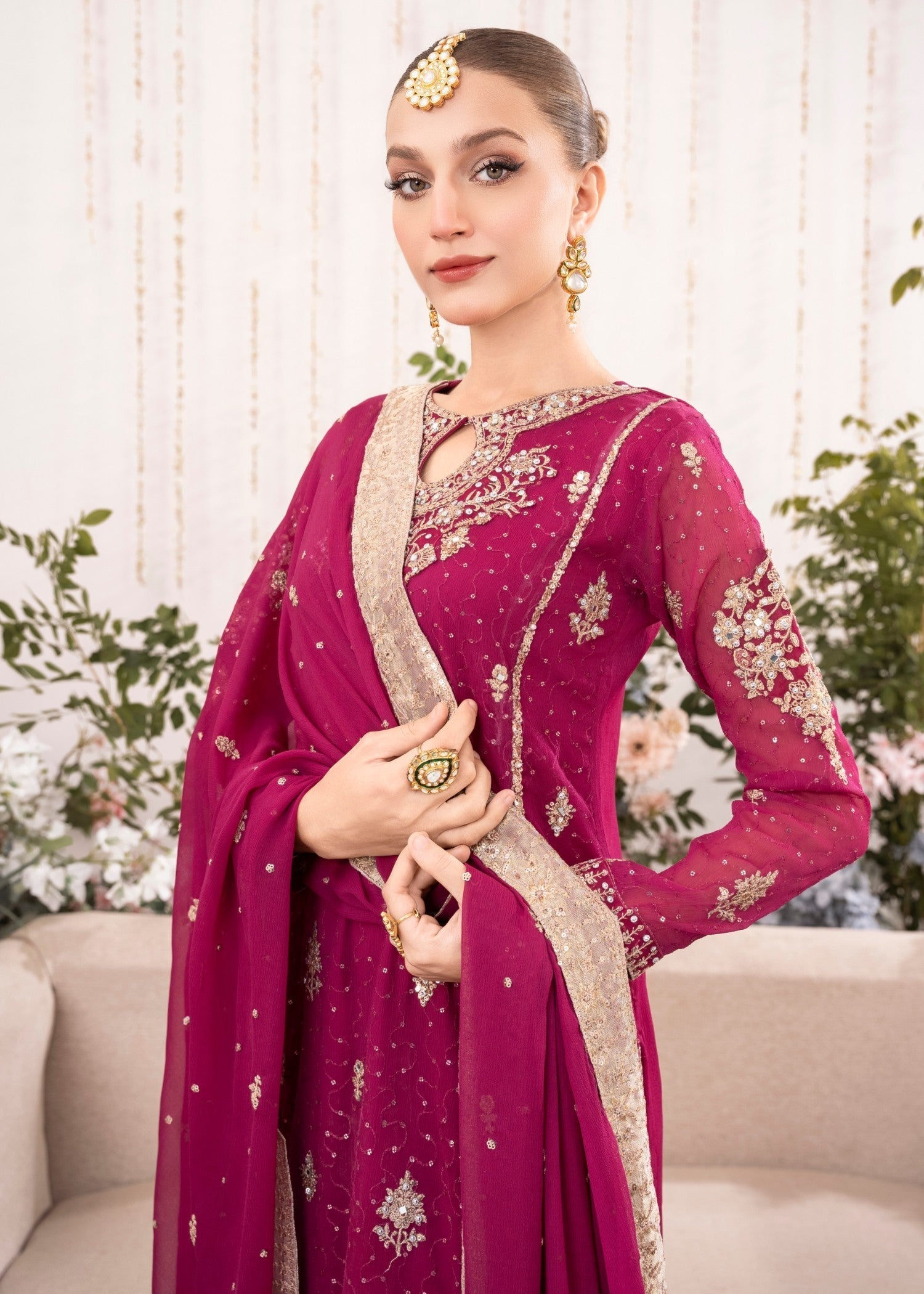 Pakistani Magenta Embroidered Chiffon Kurta Set (3-Piece) - Image 5