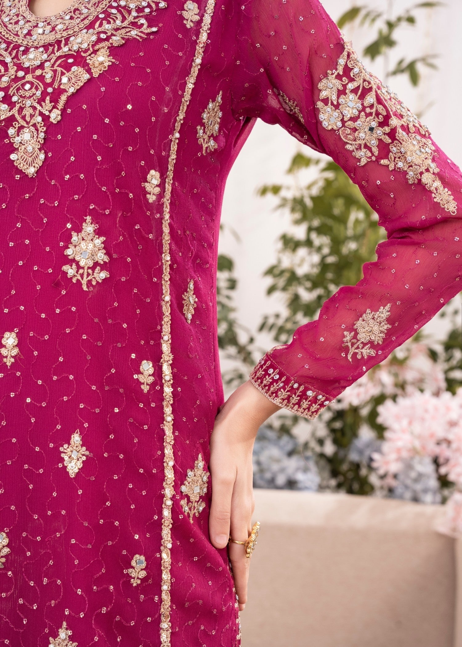 Pakistani Magenta Embroidered Chiffon Kurta Set (3-Piece) - Image 6