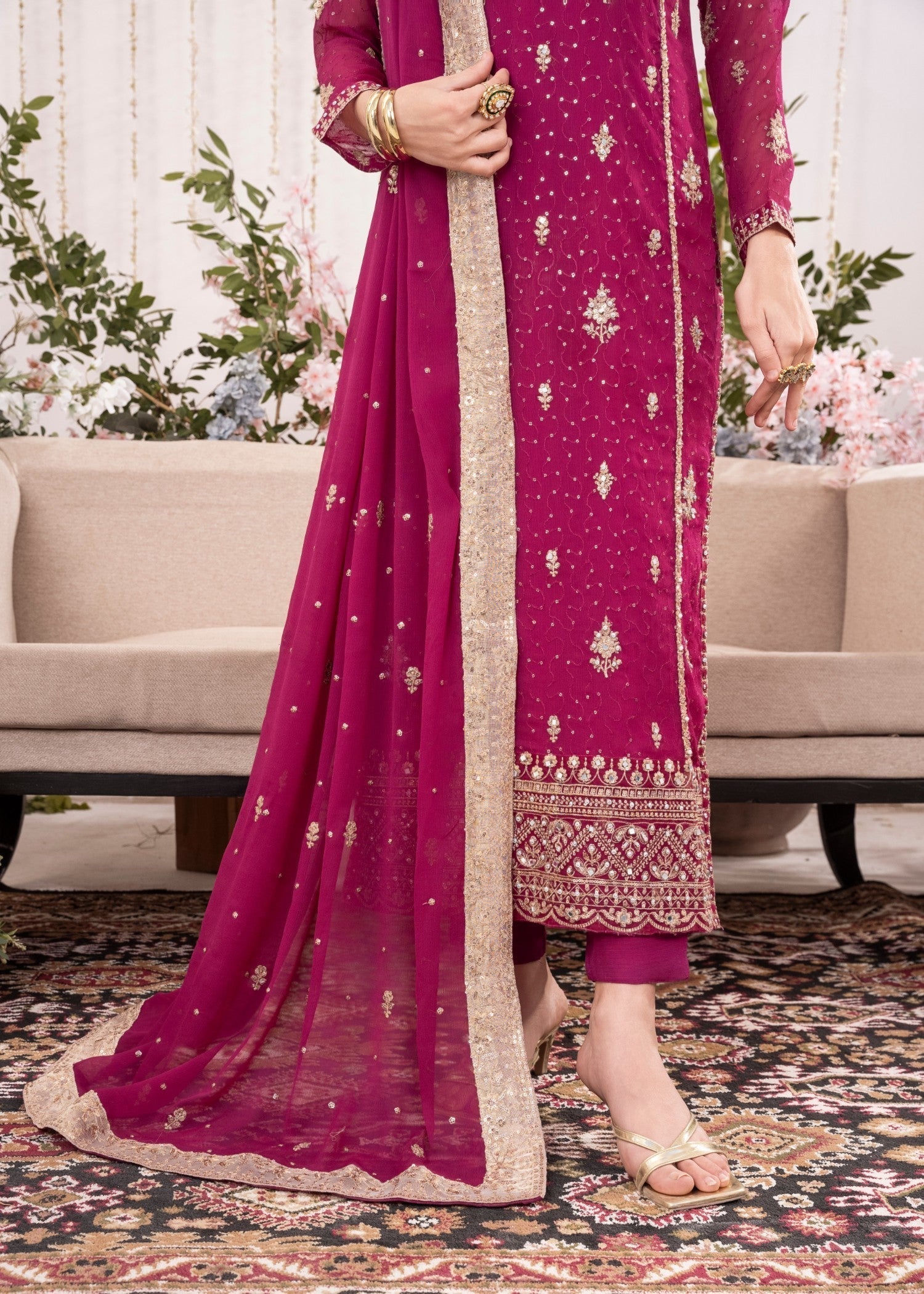 Pakistani Magenta Embroidered Chiffon Kurta Set (3-Piece) - Image 7