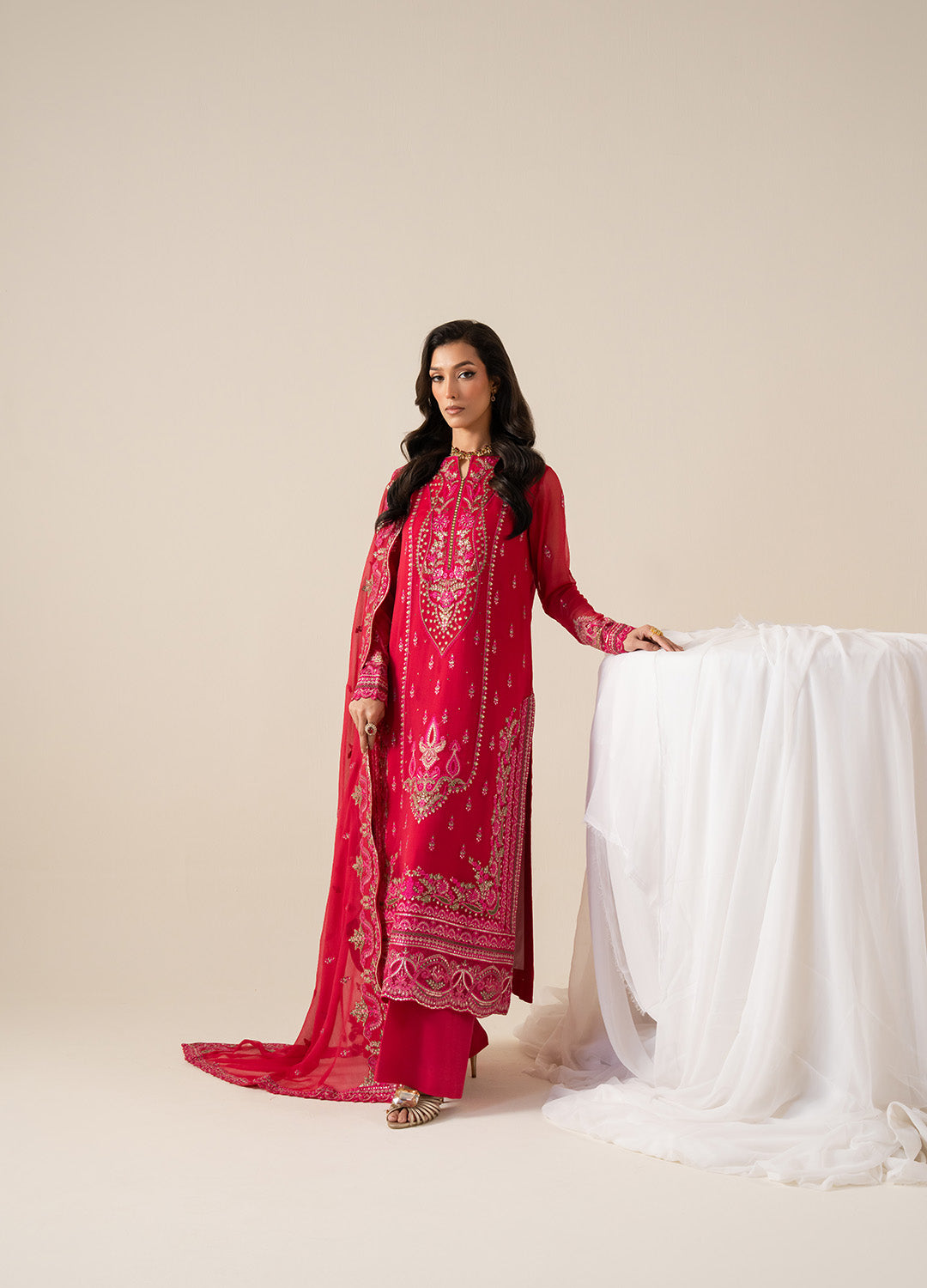 Pakistani Ruby Pink Embroidered Chiffon & Organza Suit (3-Piece) - Image 1