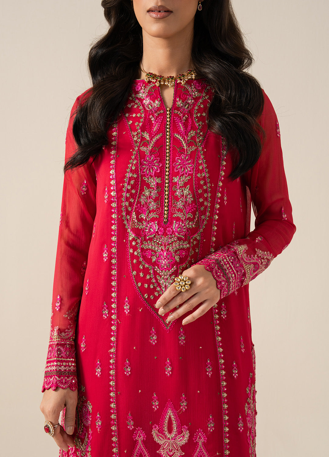Pakistani Ruby Pink Embroidered Chiffon & Organza Suit (3-Piece) - Image 2