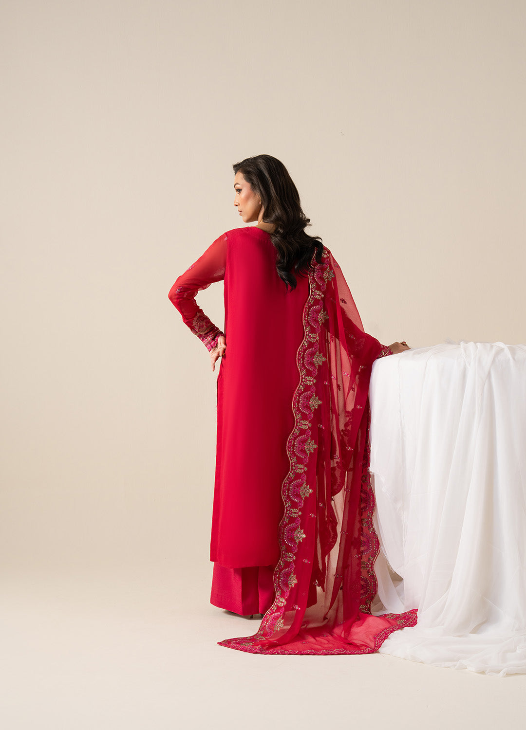 Pakistani Ruby Pink Embroidered Chiffon & Organza Suit (3-Piece) - Image 3