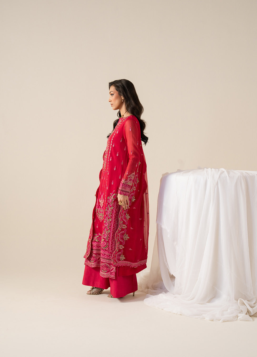 Pakistani Ruby Pink Embroidered Chiffon & Organza Suit (3-Piece) - Image 4