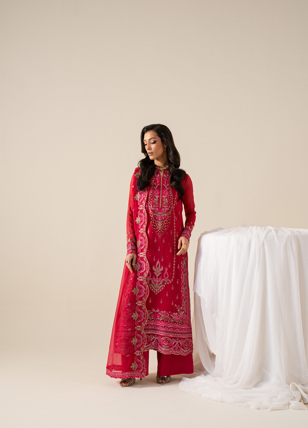 Pakistani Ruby Pink Embroidered Chiffon & Organza Suit (3-Piece) - Image 5