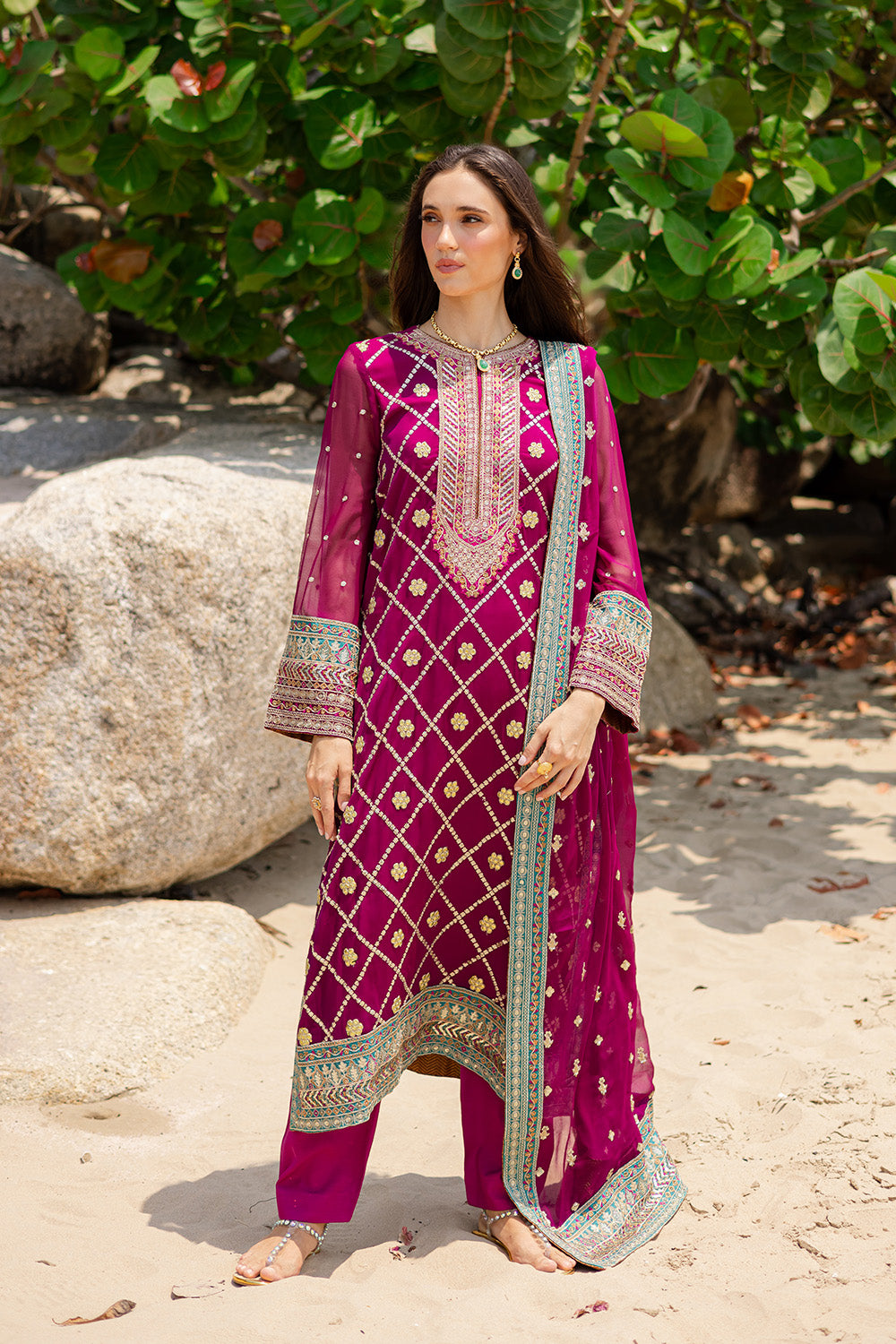 Magenta Embroidered Chiffon & Grip 3-Piece Suit - Image 1