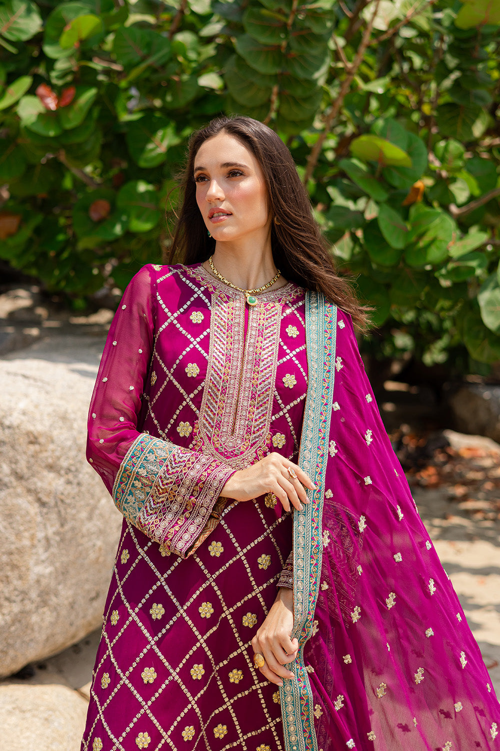 Magenta Embroidered Chiffon & Grip 3-Piece Suit - Image 2