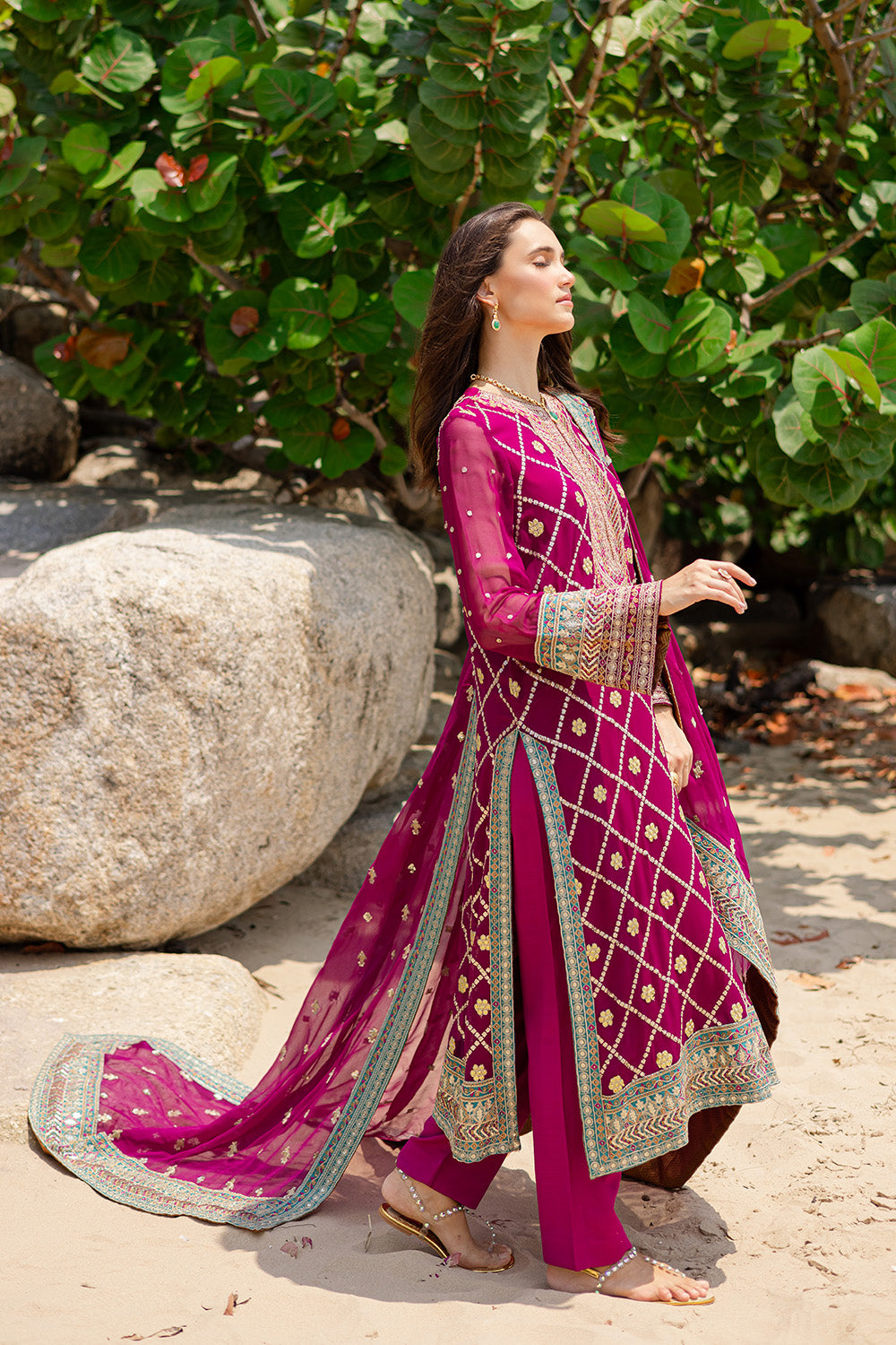 Magenta Embroidered Chiffon & Grip 3-Piece Suit - Image 4