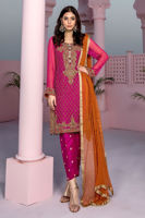 Pakistani Shocking Pink Zardozi Chiffon Salwar Kameez (3-Piece) - Image 2