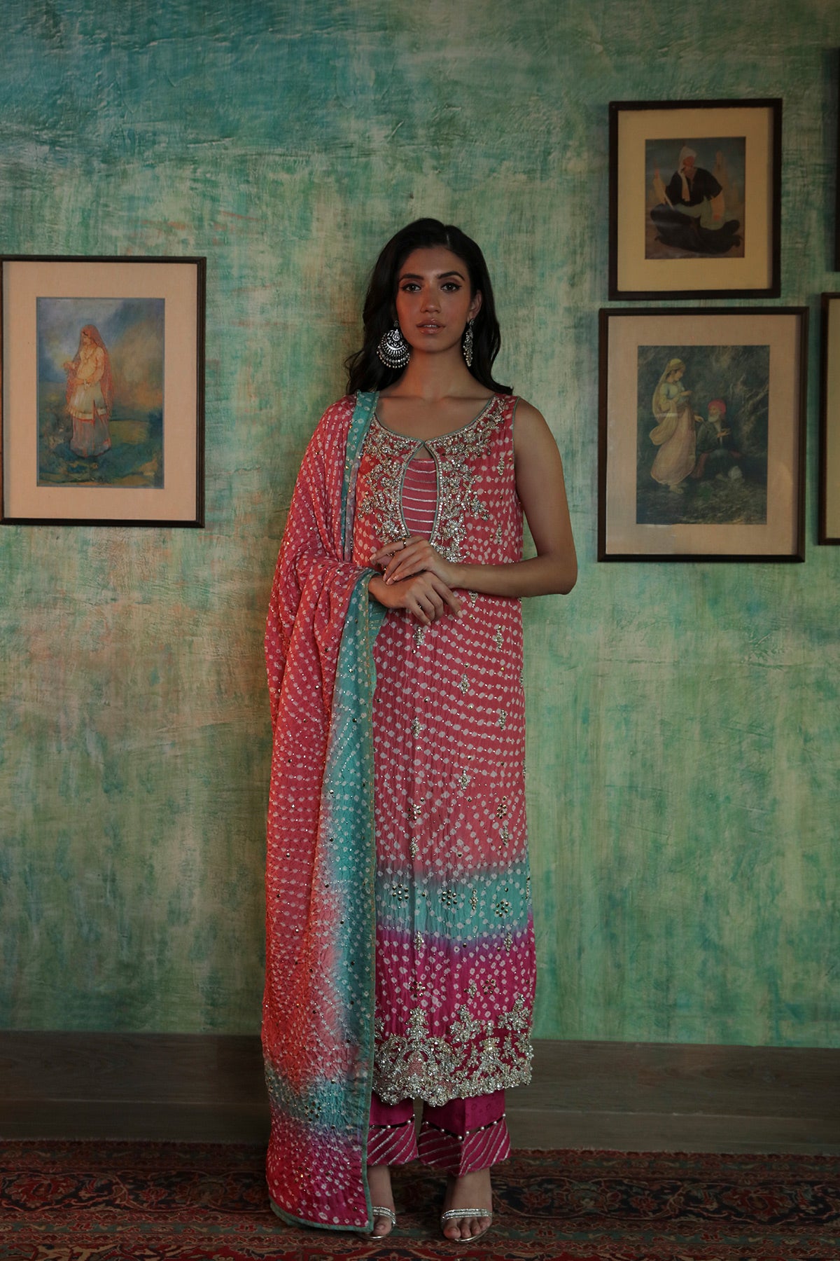 Pink Aqua Mukesh Chunri Silk Long Shirt (3-Piece) - Image 1