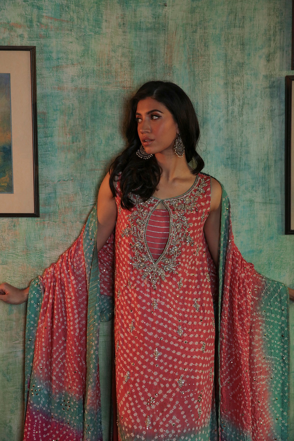 Pink Aqua Mukesh Chunri Silk Long Shirt (3-Piece) - Image 2