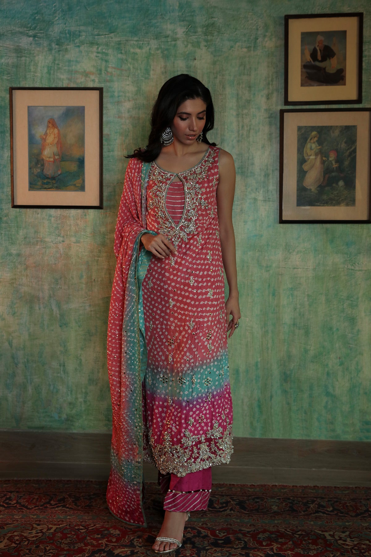 Pink Aqua Mukesh Chunri Silk Long Shirt (3-Piece) - Image 3