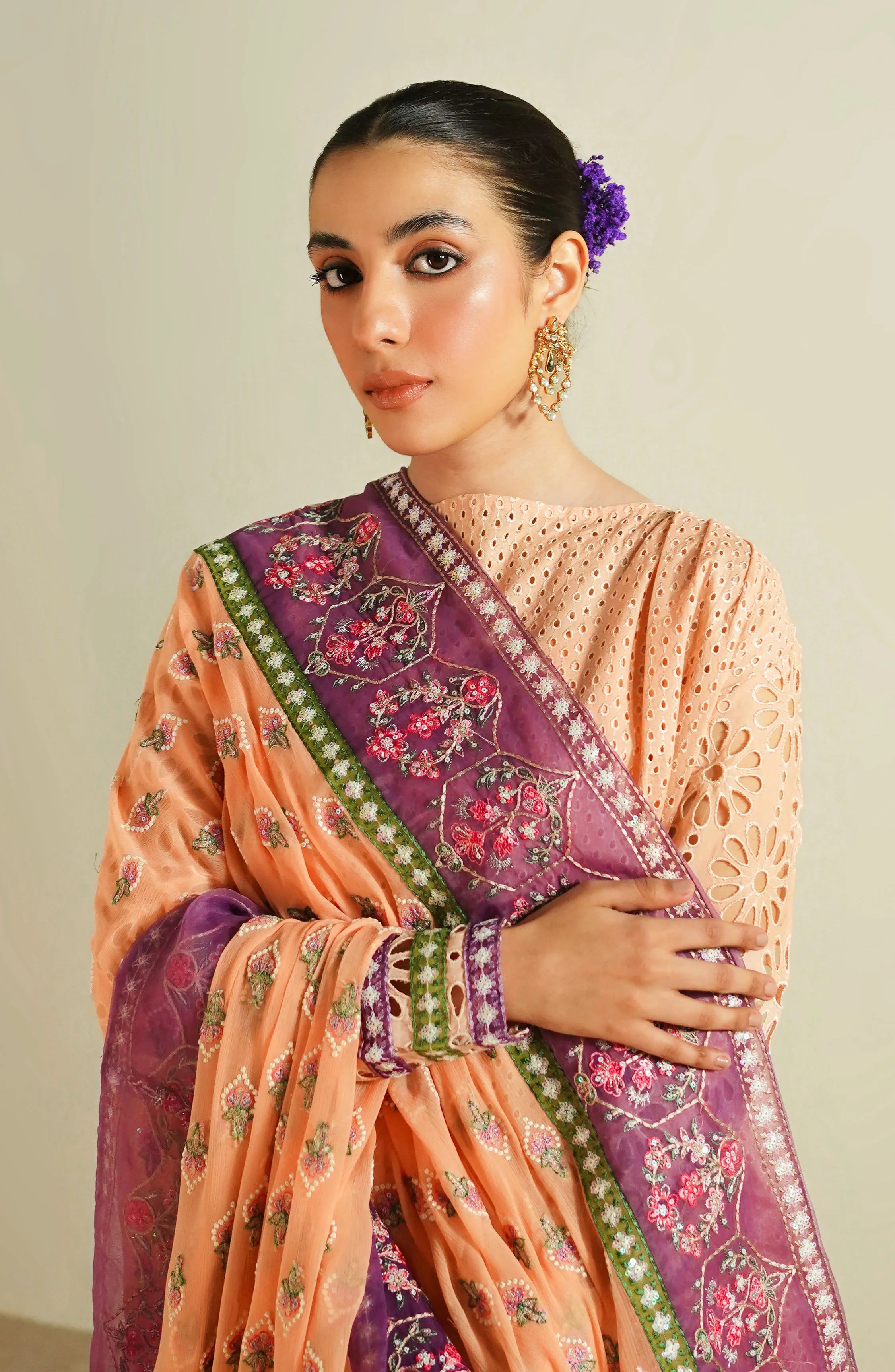 Pakistani Peach Cutwork Cotton Blend Salwar Kameez (3-Piece) - Image 1