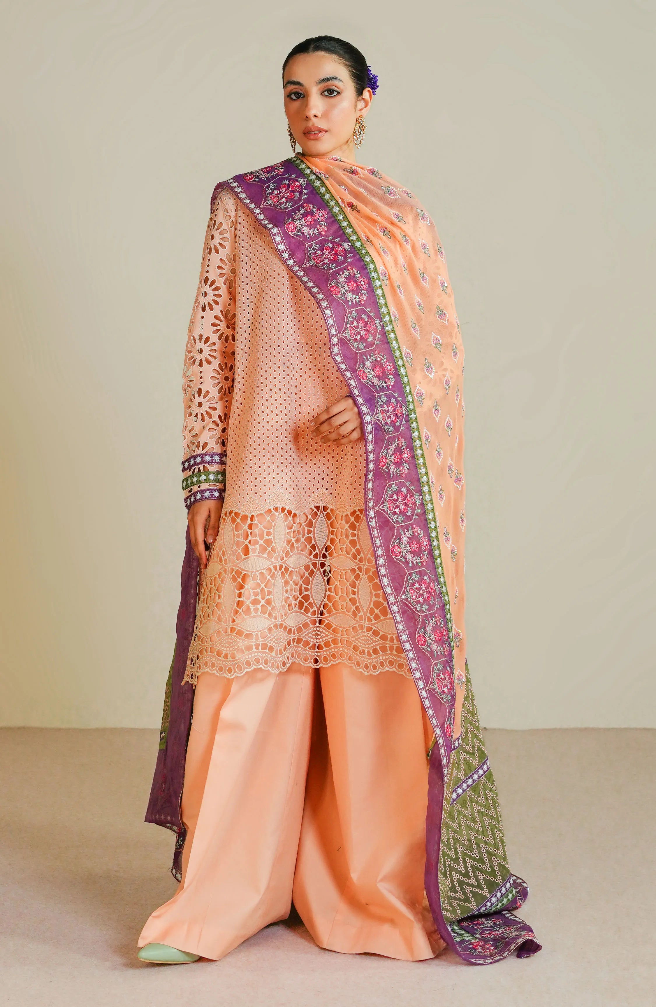 Pakistani Peach Cutwork Cotton Blend Salwar Kameez (3-Piece) - Image 2