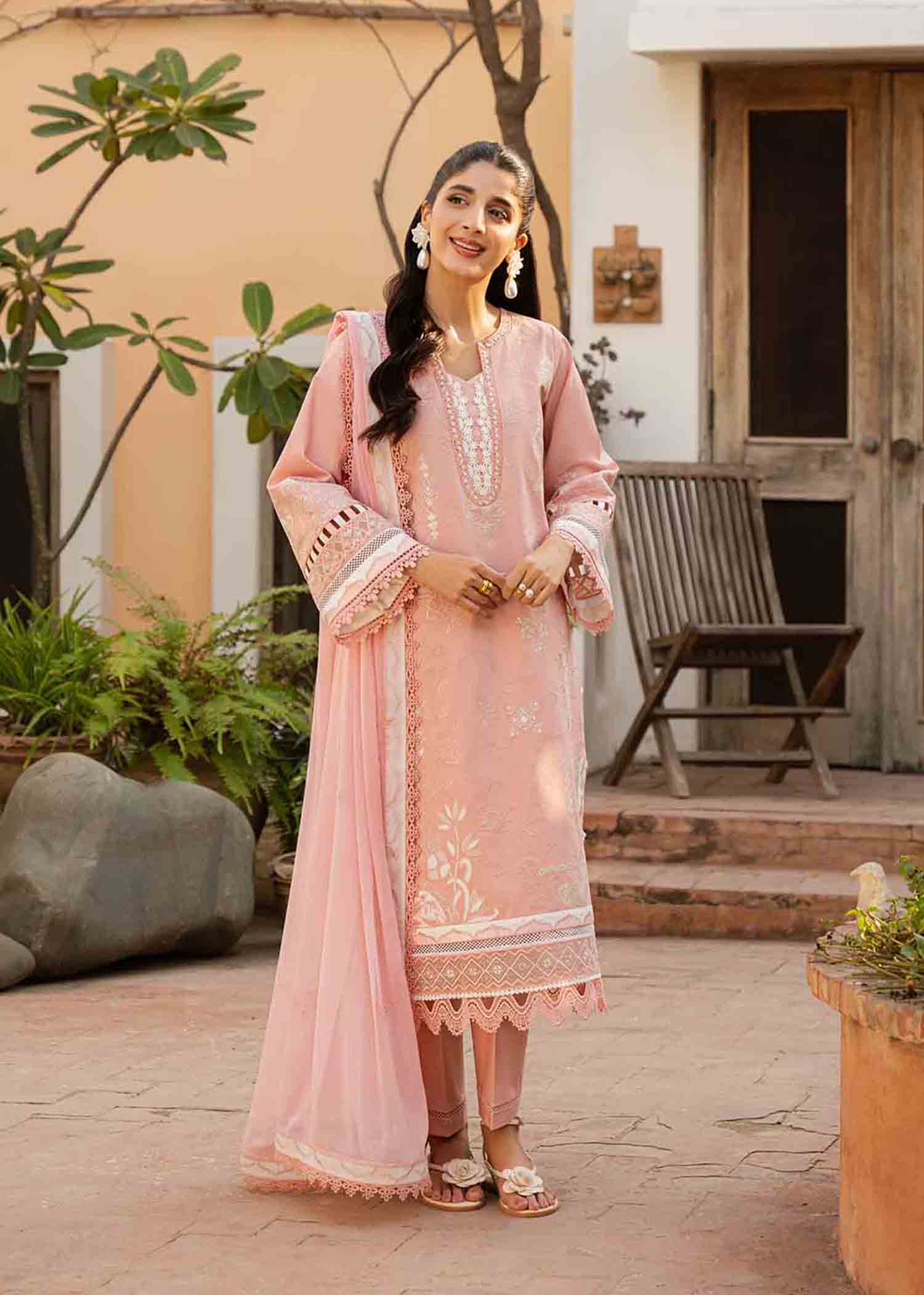 Pink Schiffli Embroidered Cotton Lawn Salwar Kameez (3-Piece) - Image 1